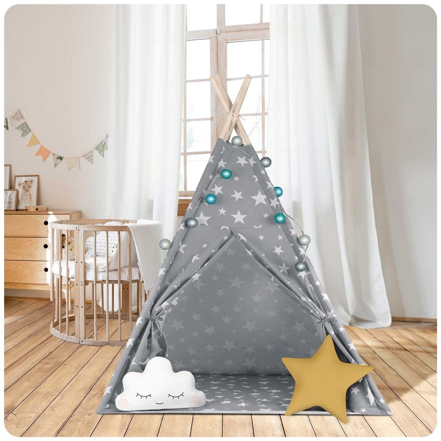 Children's Tipi Tent with Light String Nukido - Gray with Stars