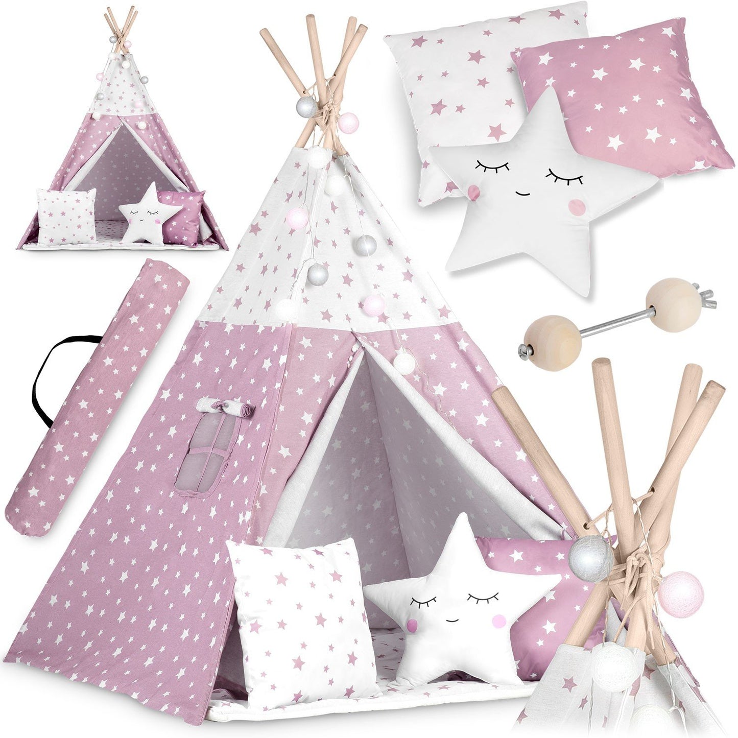 Children's Tipi Tent with Light String Nukido - Pink with Star Pattern