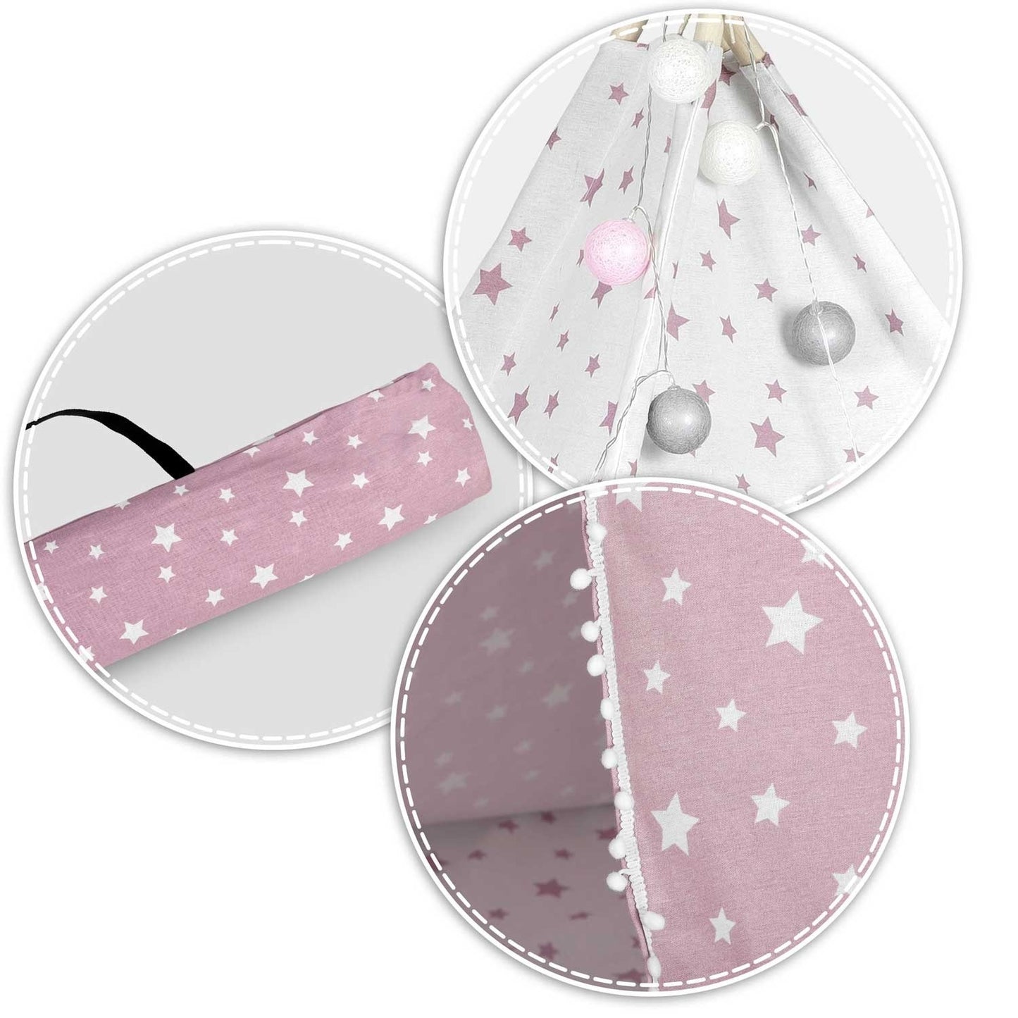 Children's Tipi Tent with Light String Nukido - Pink with Star Pattern