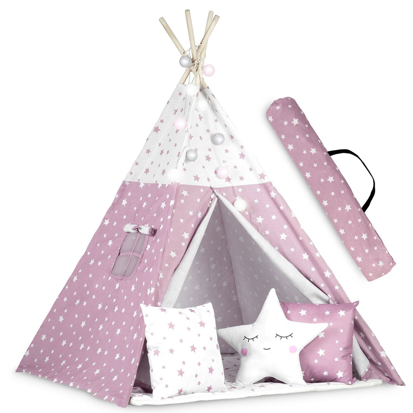 Children's Tipi Tent with Light String Nukido - Pink with Star Pattern