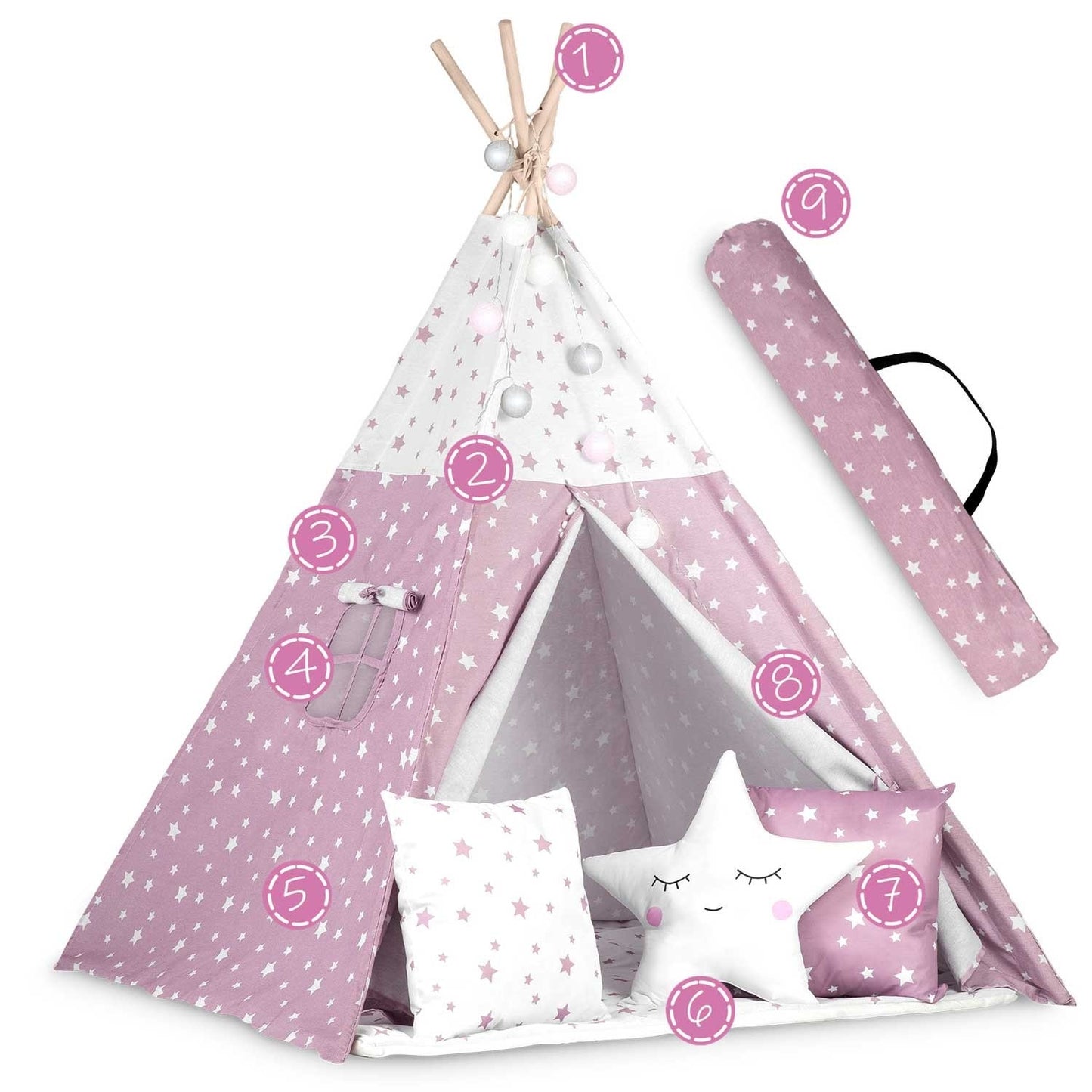 Children's Tipi Tent with Light String Nukido - Pink with Star Pattern