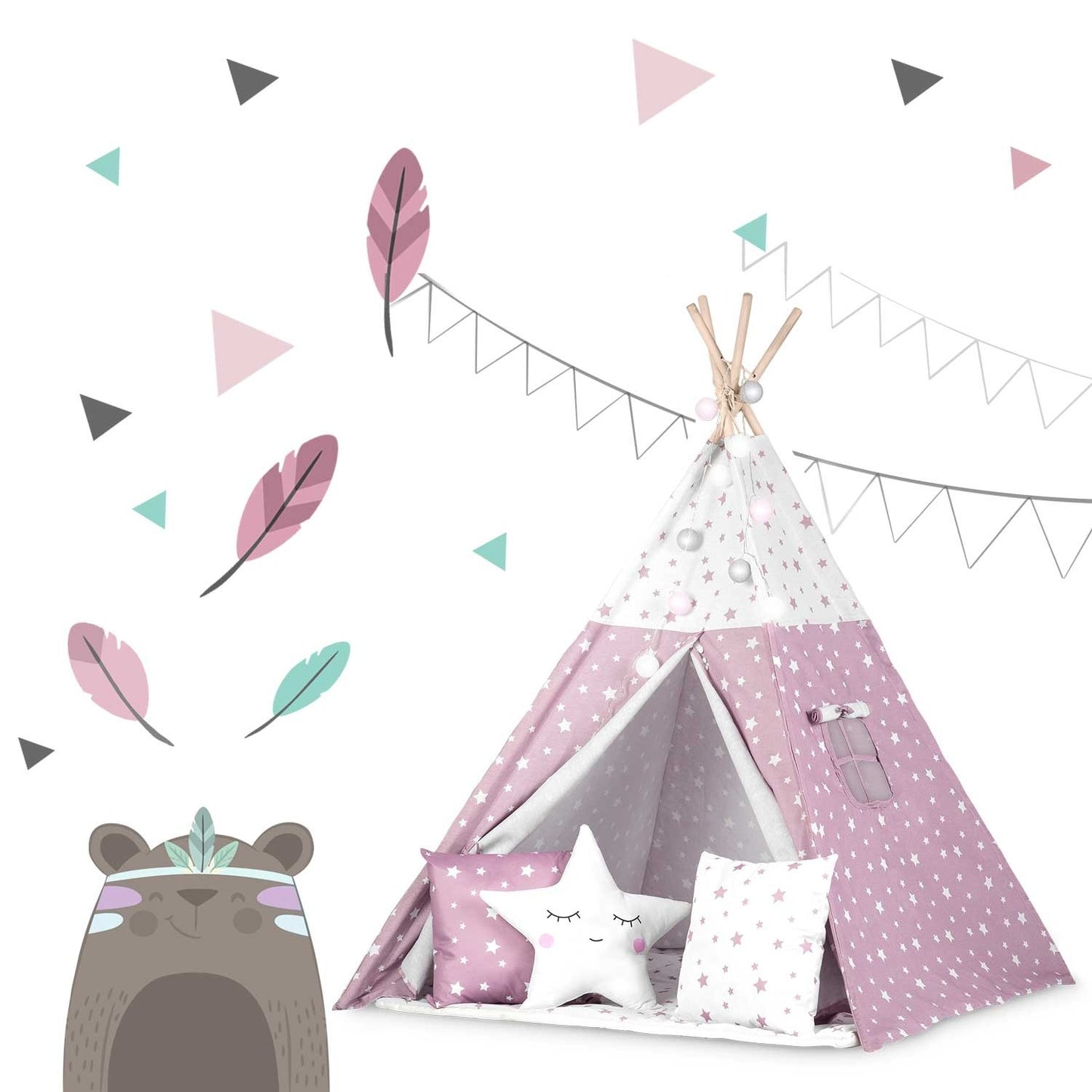 Children's Tipi Tent with Light String Nukido - Pink with Star Pattern