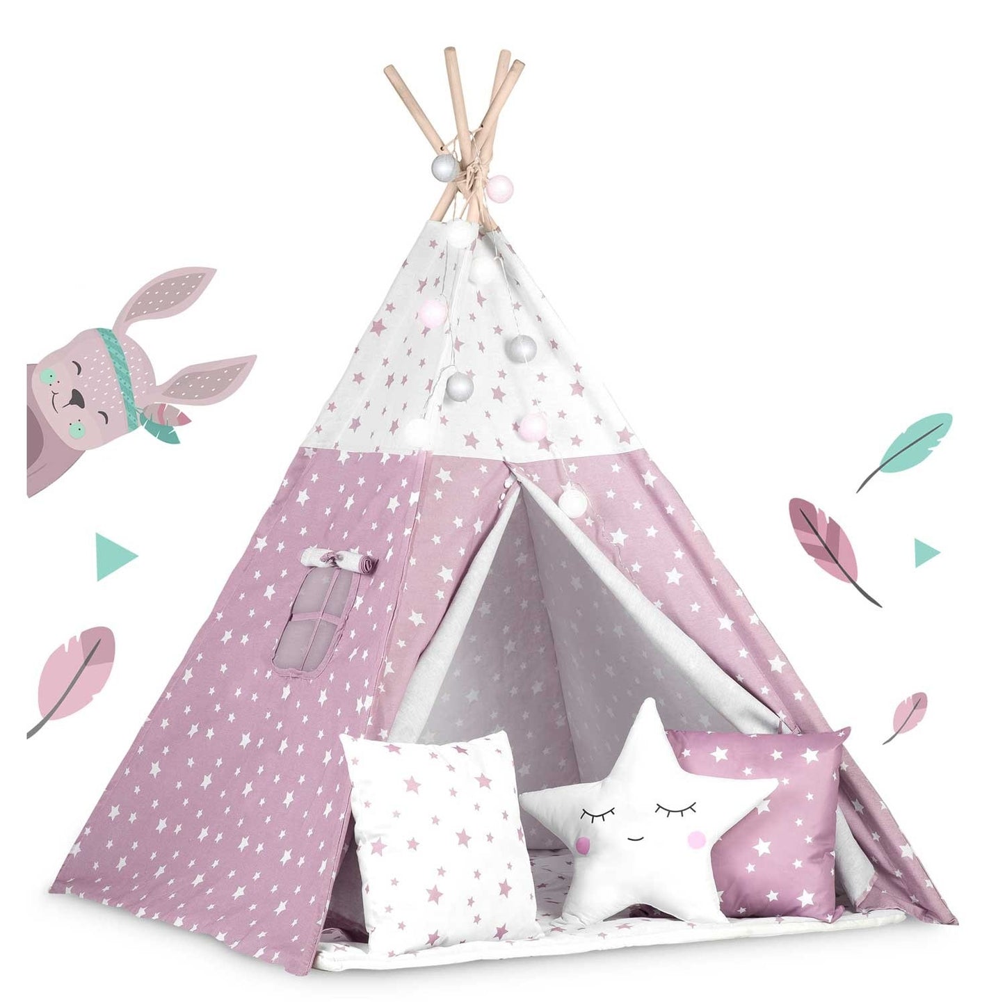 Children's Tipi Tent with Light String Nukido - Pink with Star Pattern