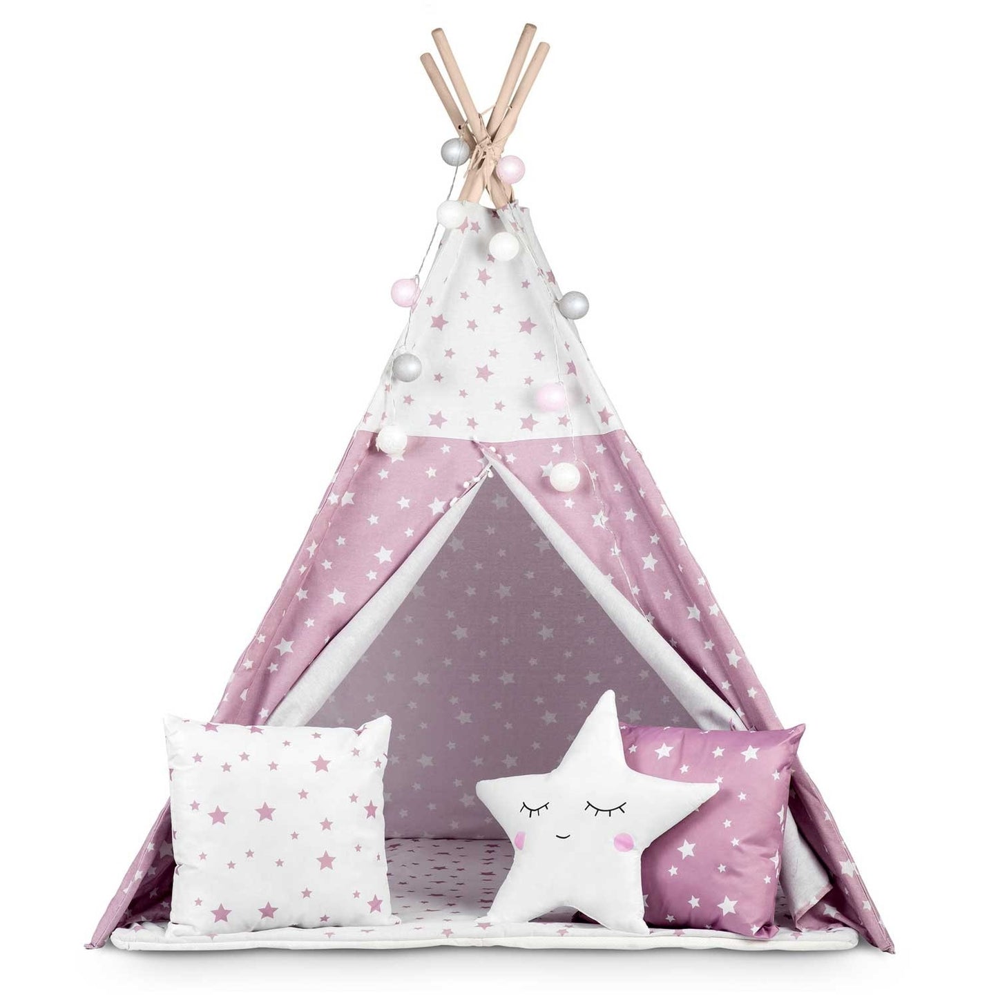Children's Tipi Tent with Light String Nukido - Pink with Star Pattern