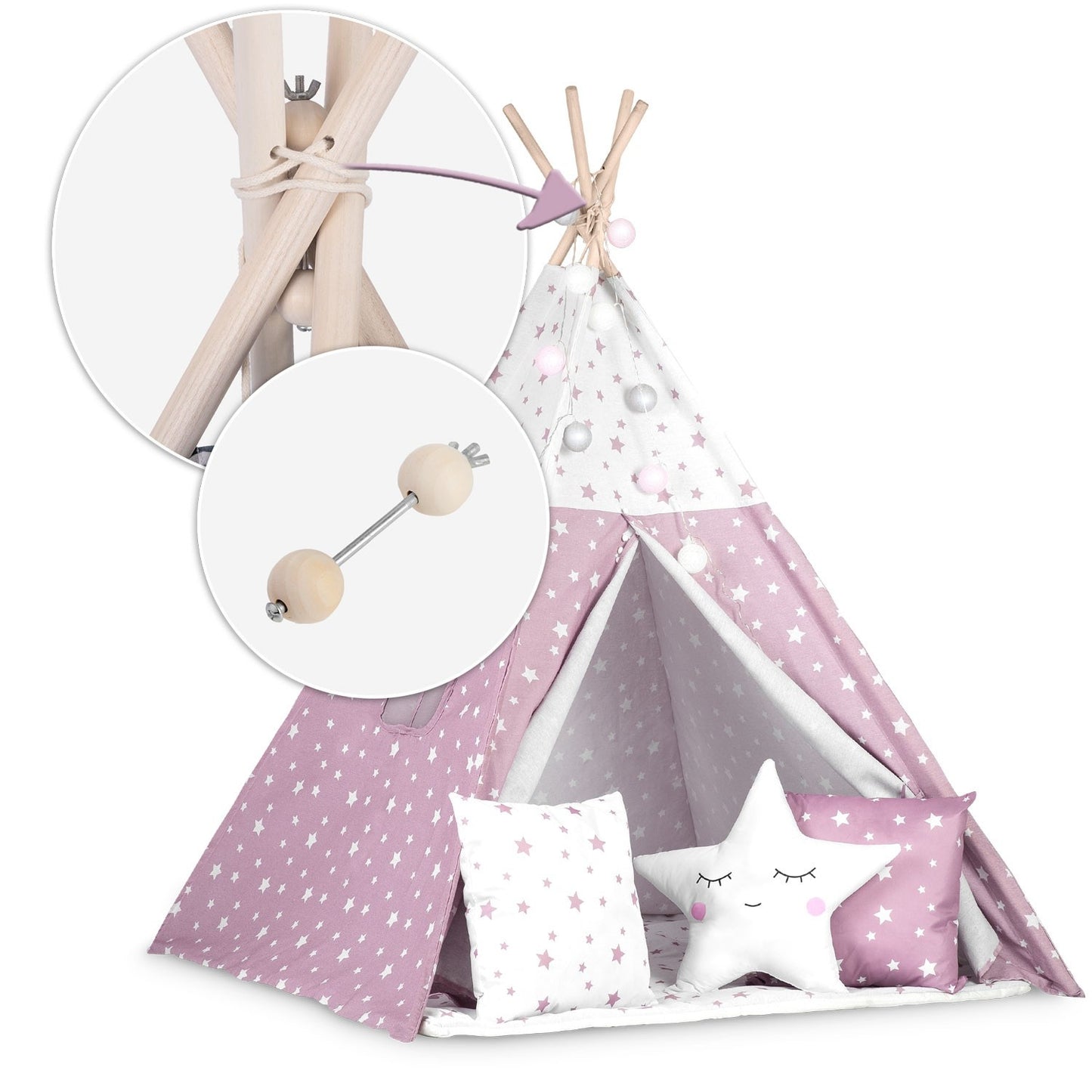 Children's Tipi Tent with Light String Nukido - Pink with Star Pattern