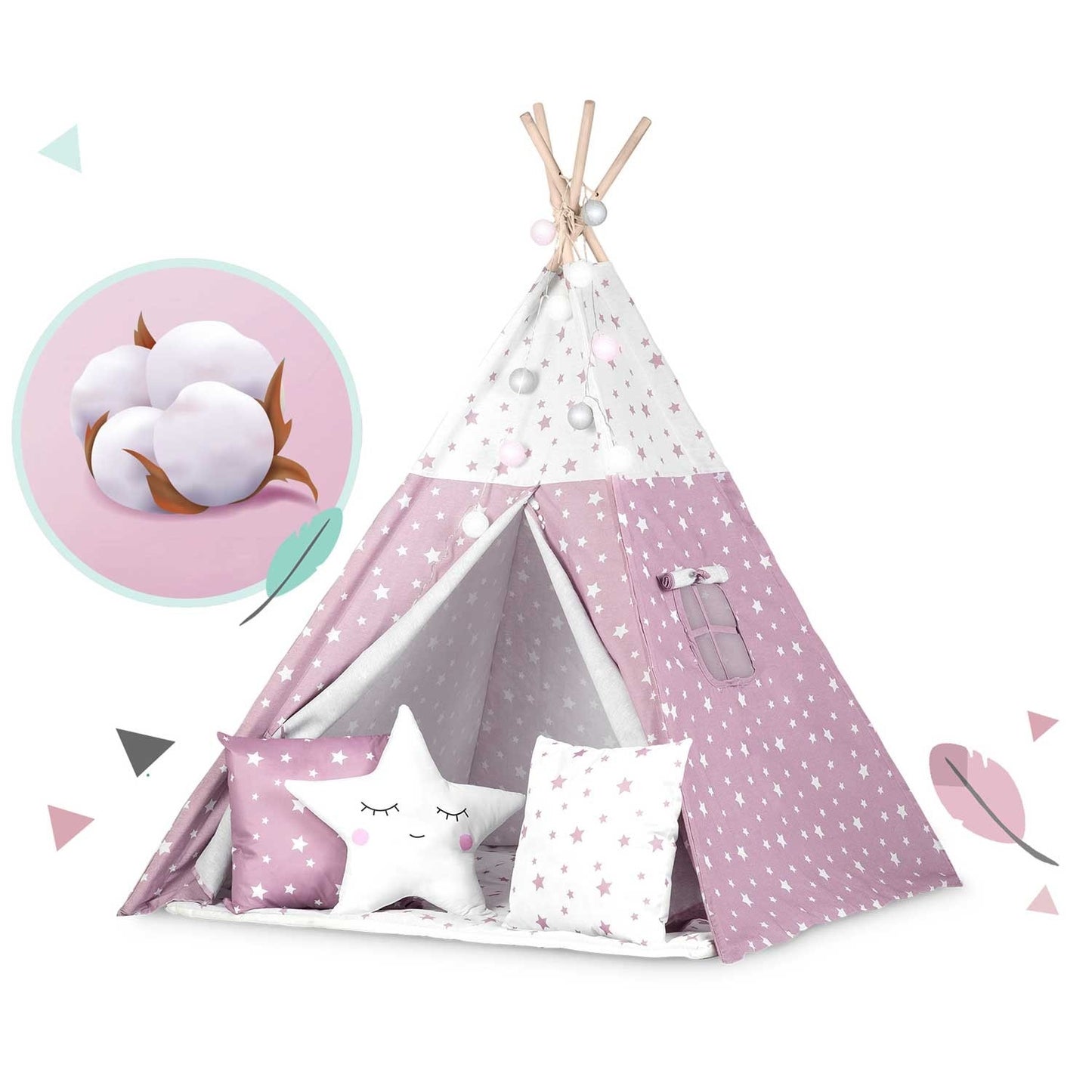 Children's Tipi Tent with Light String Nukido - Pink with Star Pattern