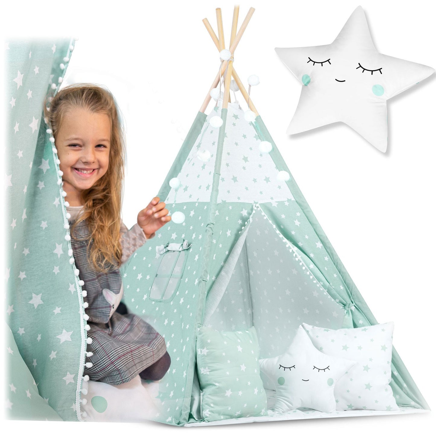 Children's Tipi Tent with Light Strings - Mint with Star Pattern