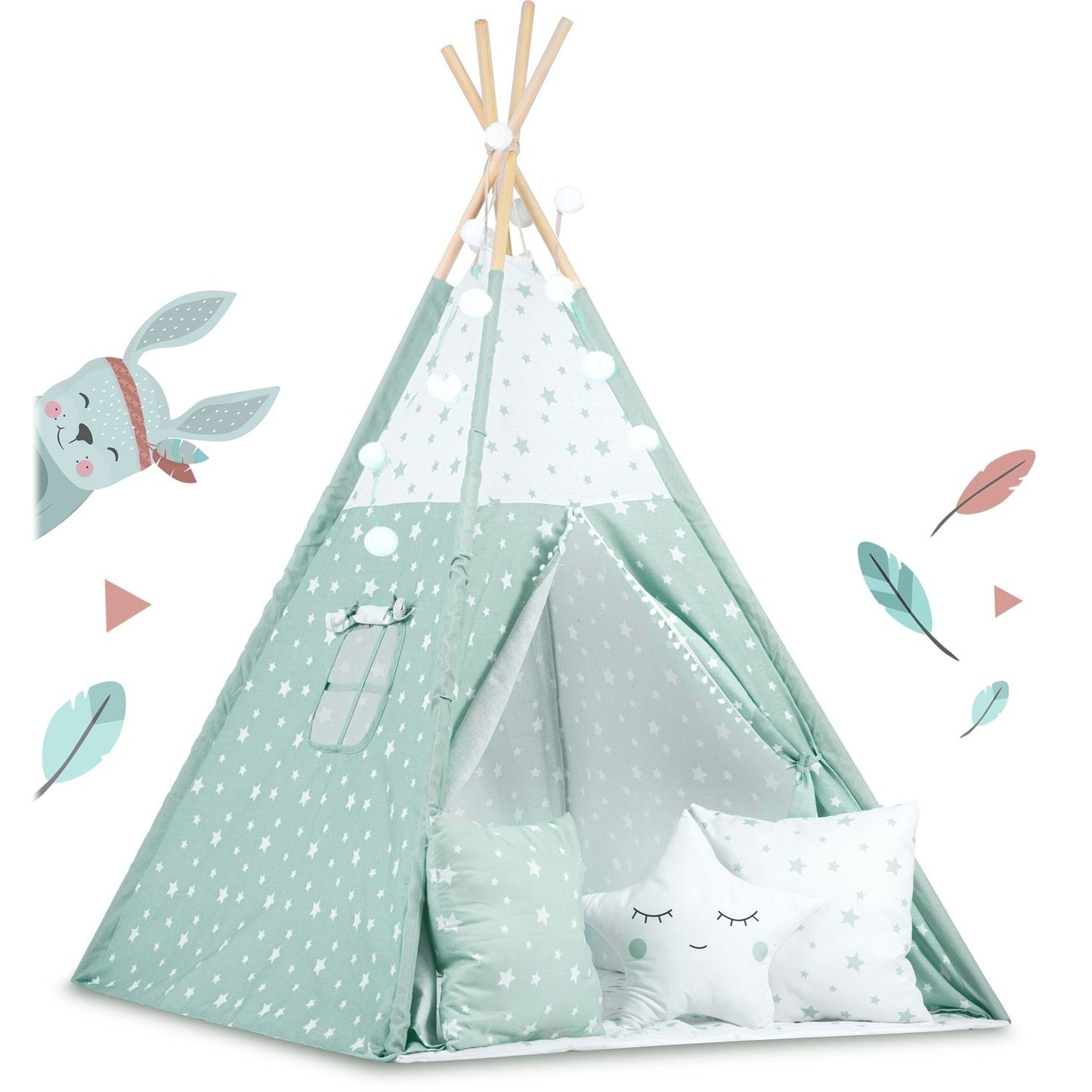 Children's Tipi Tent with Light Strings - Mint with Star Pattern