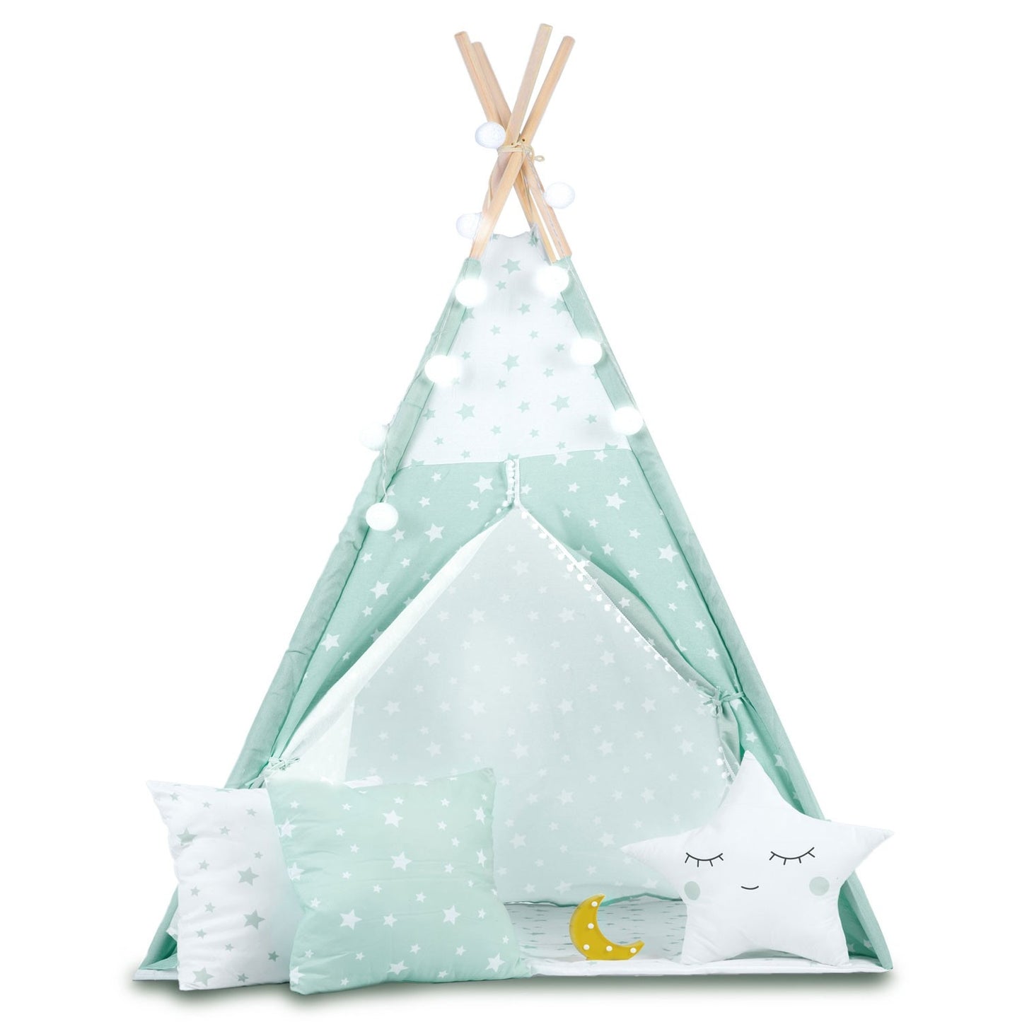 Children's Tipi Tent with Light Strings - Mint with Star Pattern