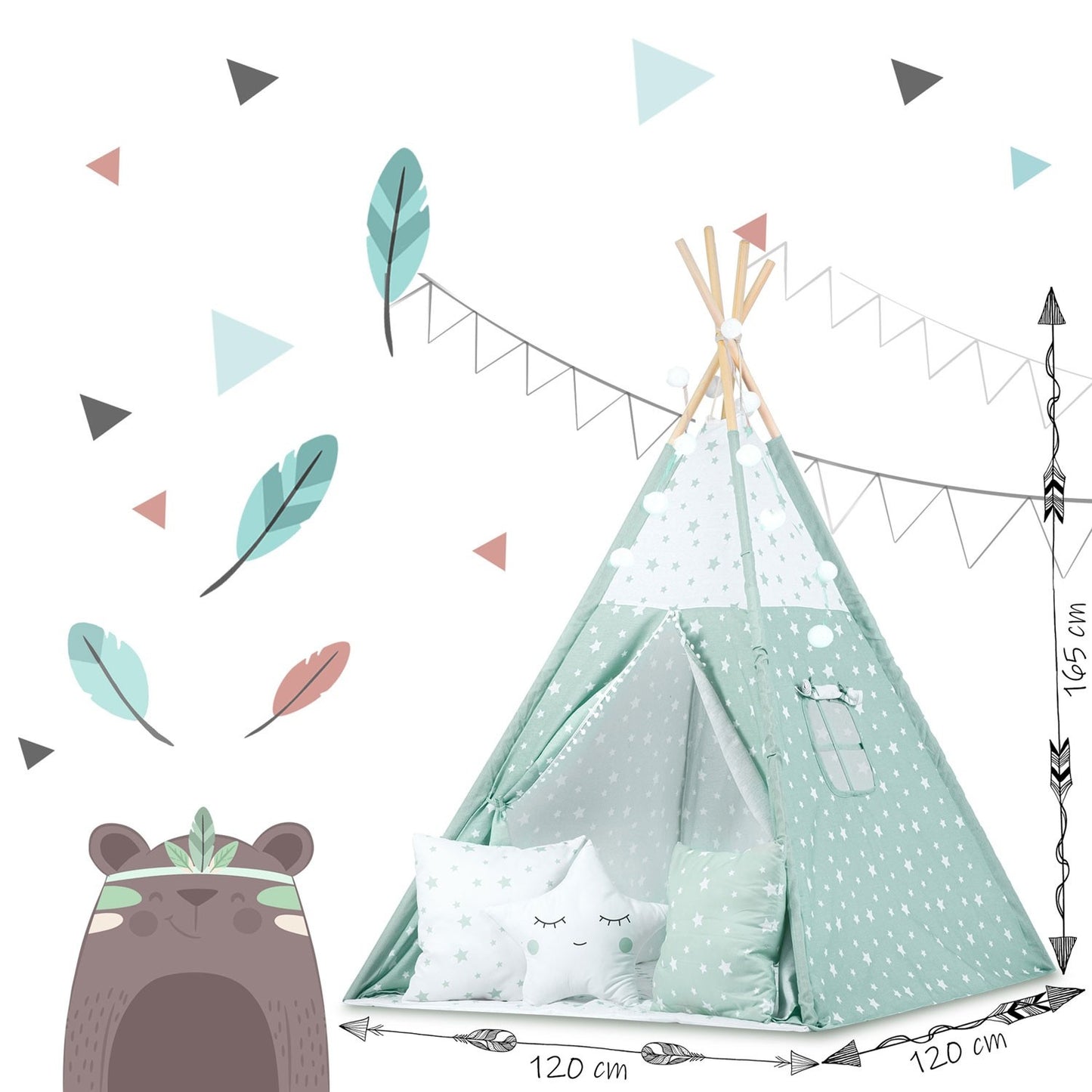 Children's Tipi Tent with Light Strings - Mint with Star Pattern