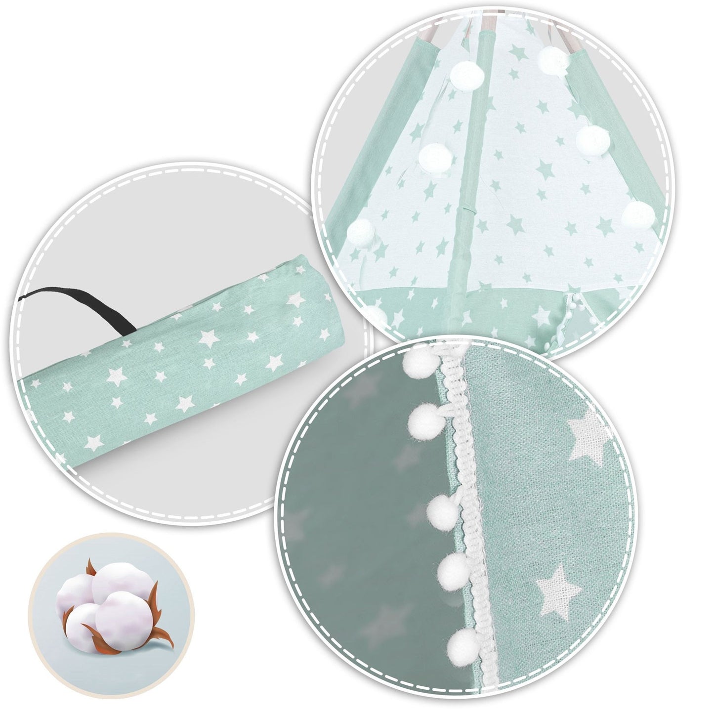 Children's Tipi Tent with Light Strings - Mint with Star Pattern