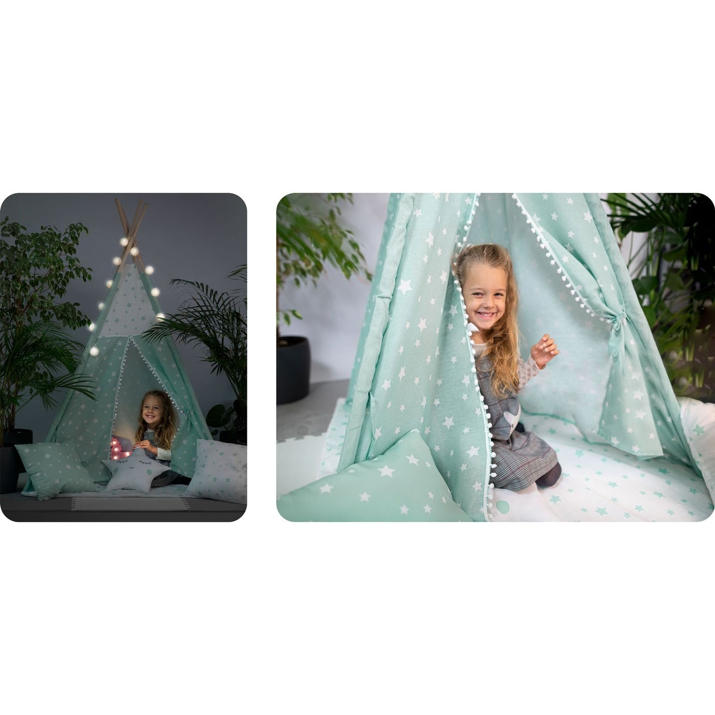 Children's Tipi Tent with Light Strings - Mint with Star Pattern