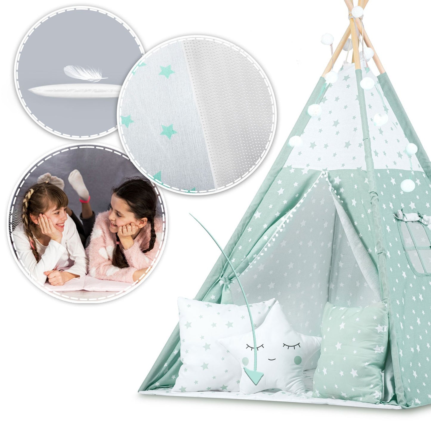 Children's Tipi Tent with Light Strings - Mint with Star Pattern