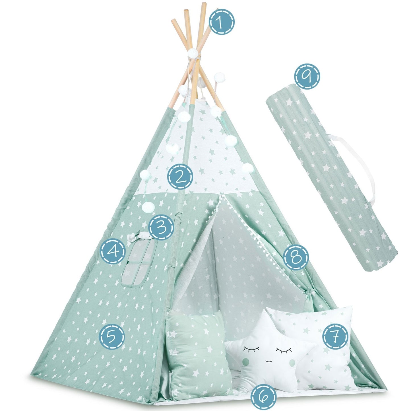 Children's Tipi Tent with Light Strings - Mint with Star Pattern