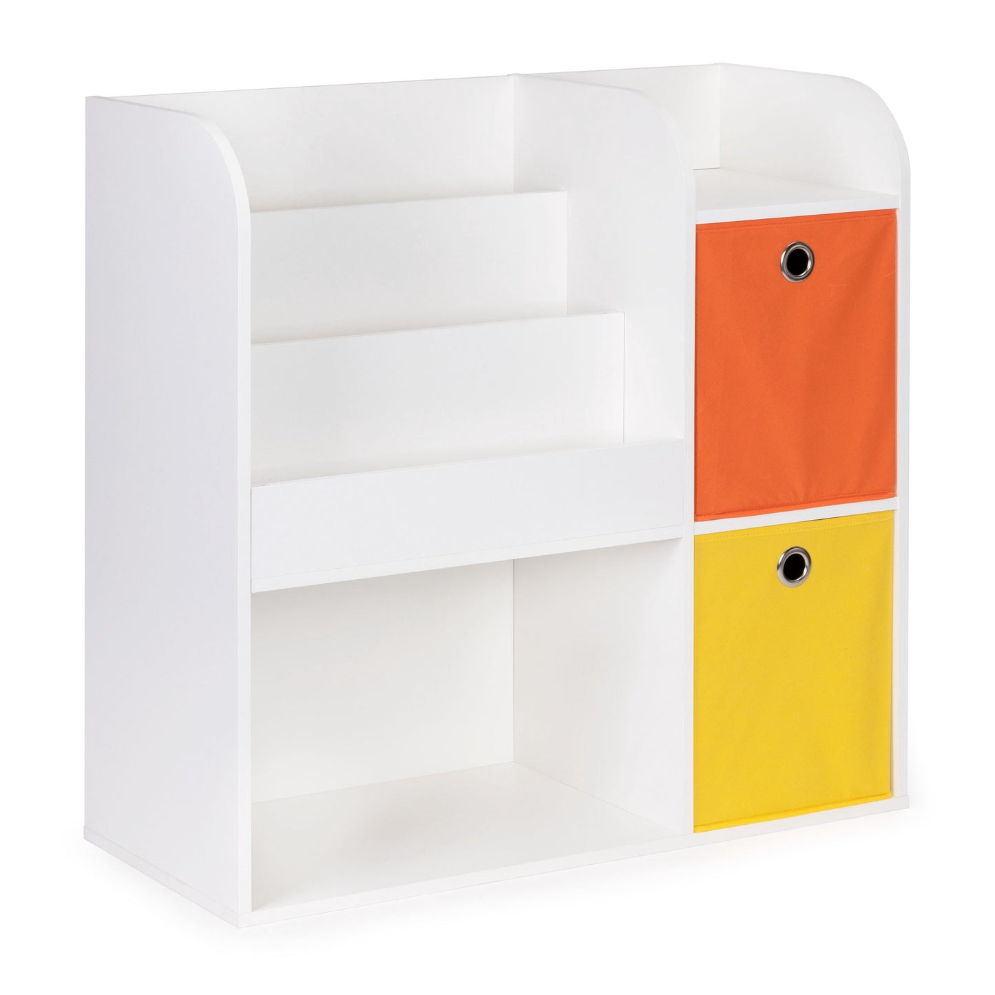 Children's White Bookshelf with Compartments and Bins