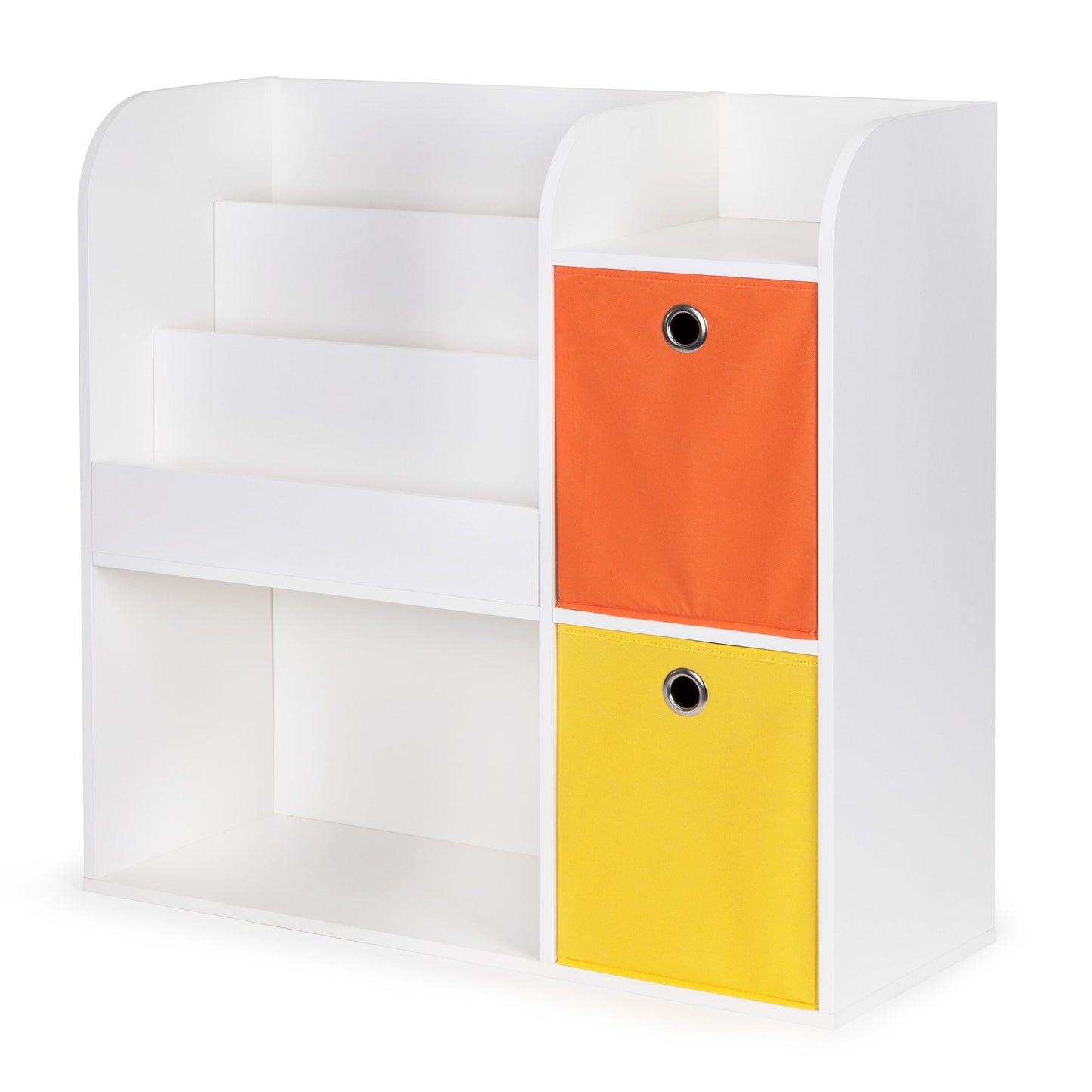 Children's White Bookshelf with Compartments and Bins