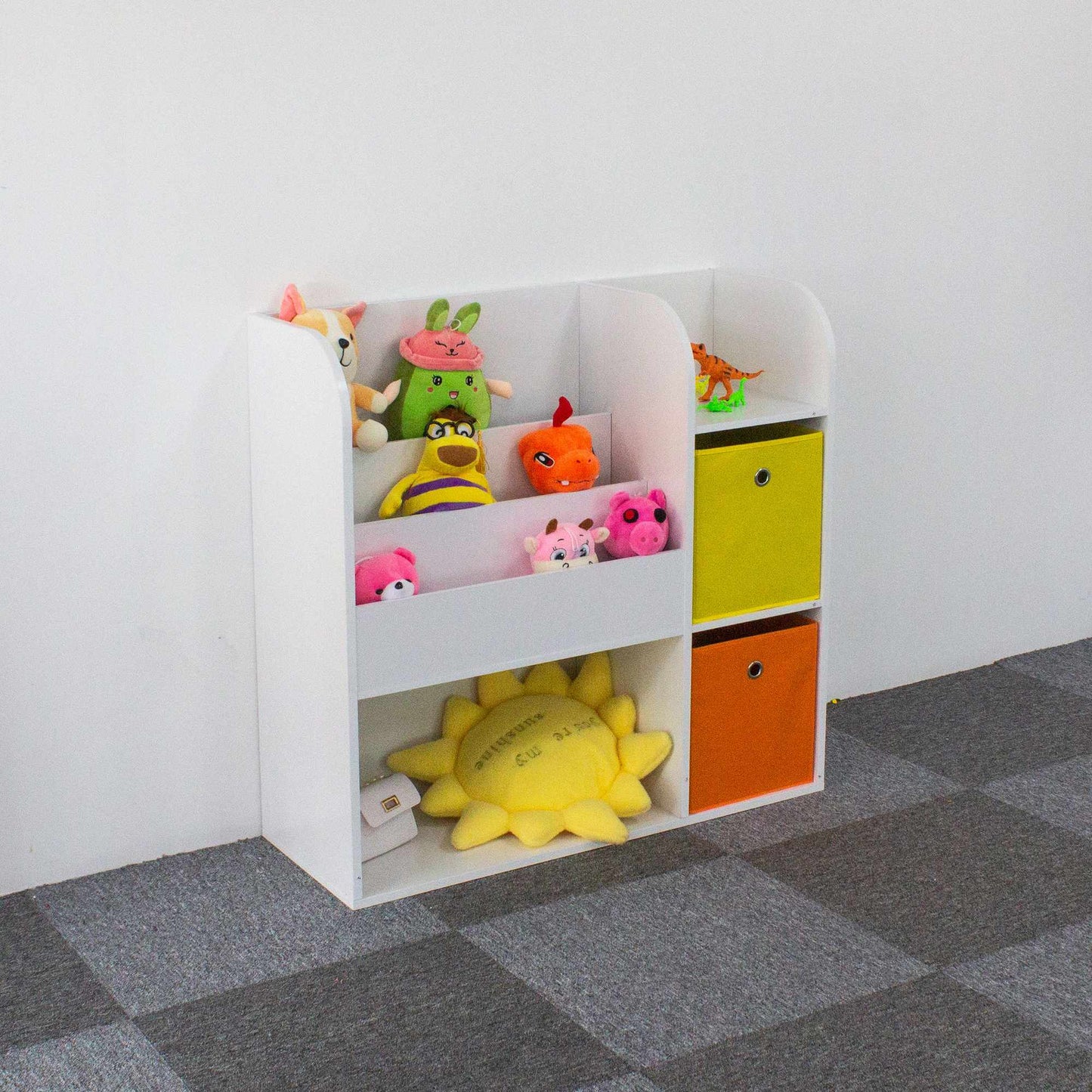Children's White Bookshelf with Compartments and Bins