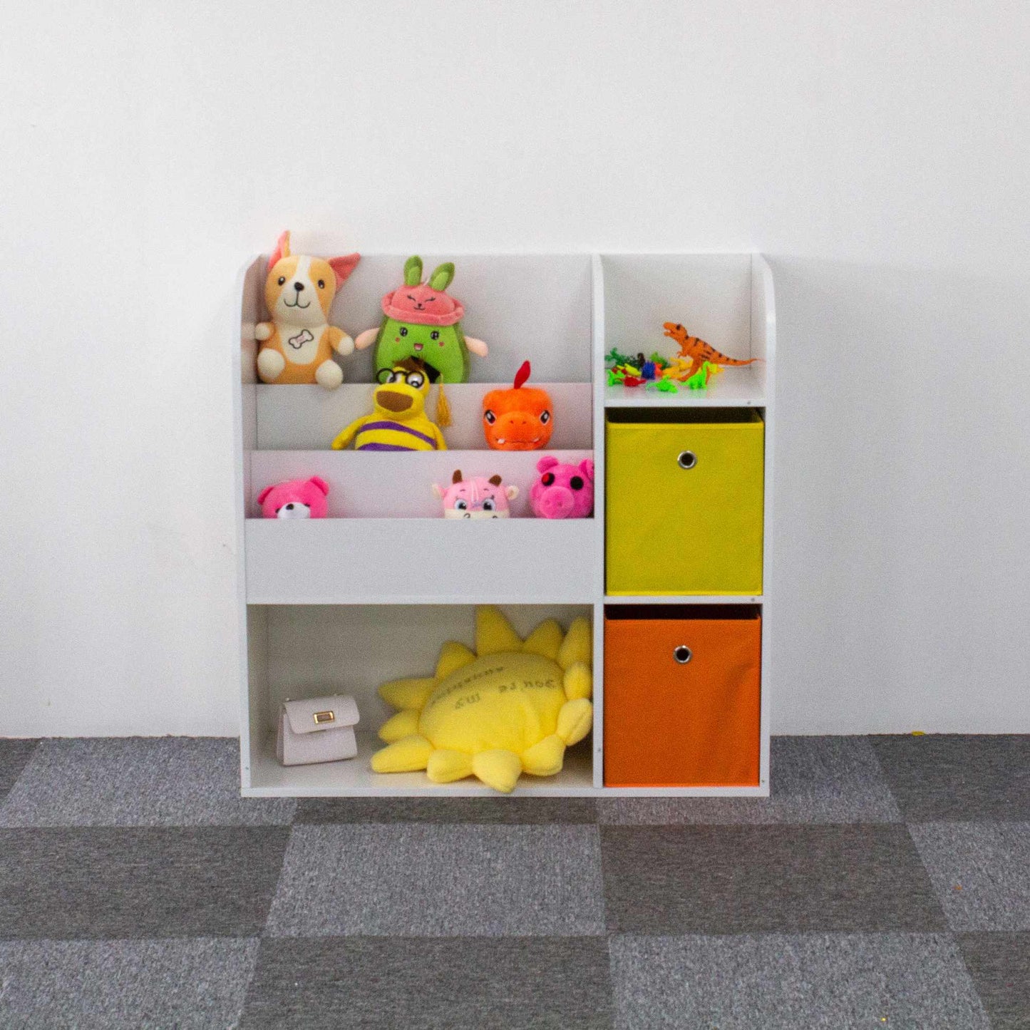 Children's White Bookshelf with Compartments and Bins