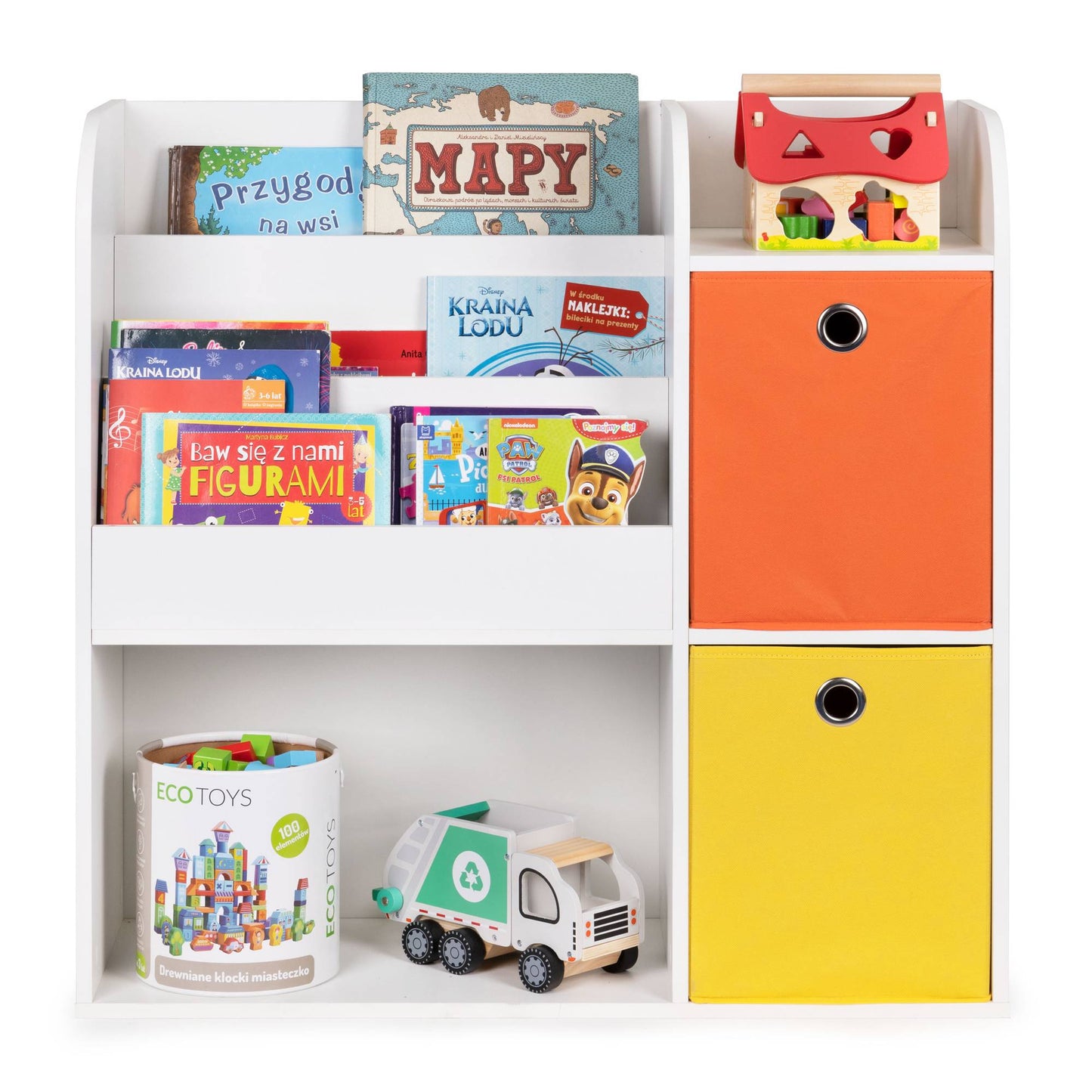 Children's White Bookshelf with Compartments and Bins
