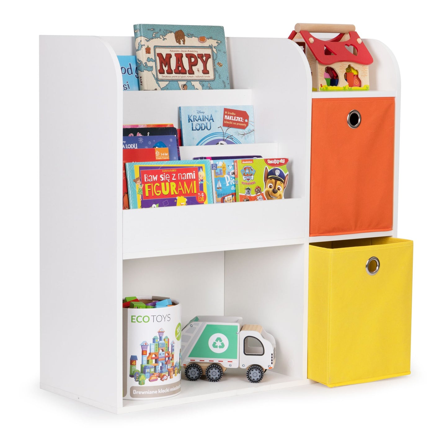 Children's White Bookshelf with Compartments and Bins