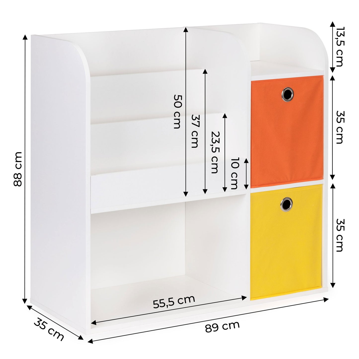 Children's White Bookshelf with Compartments and Bins