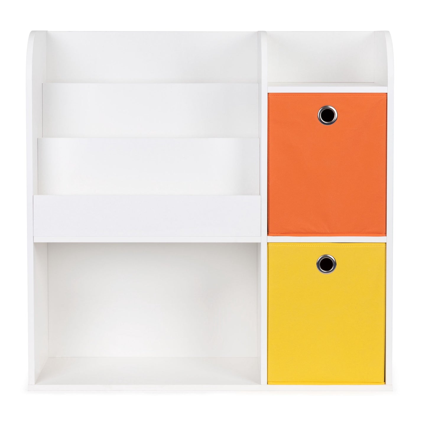 Children's White Bookshelf with Compartments and Bins