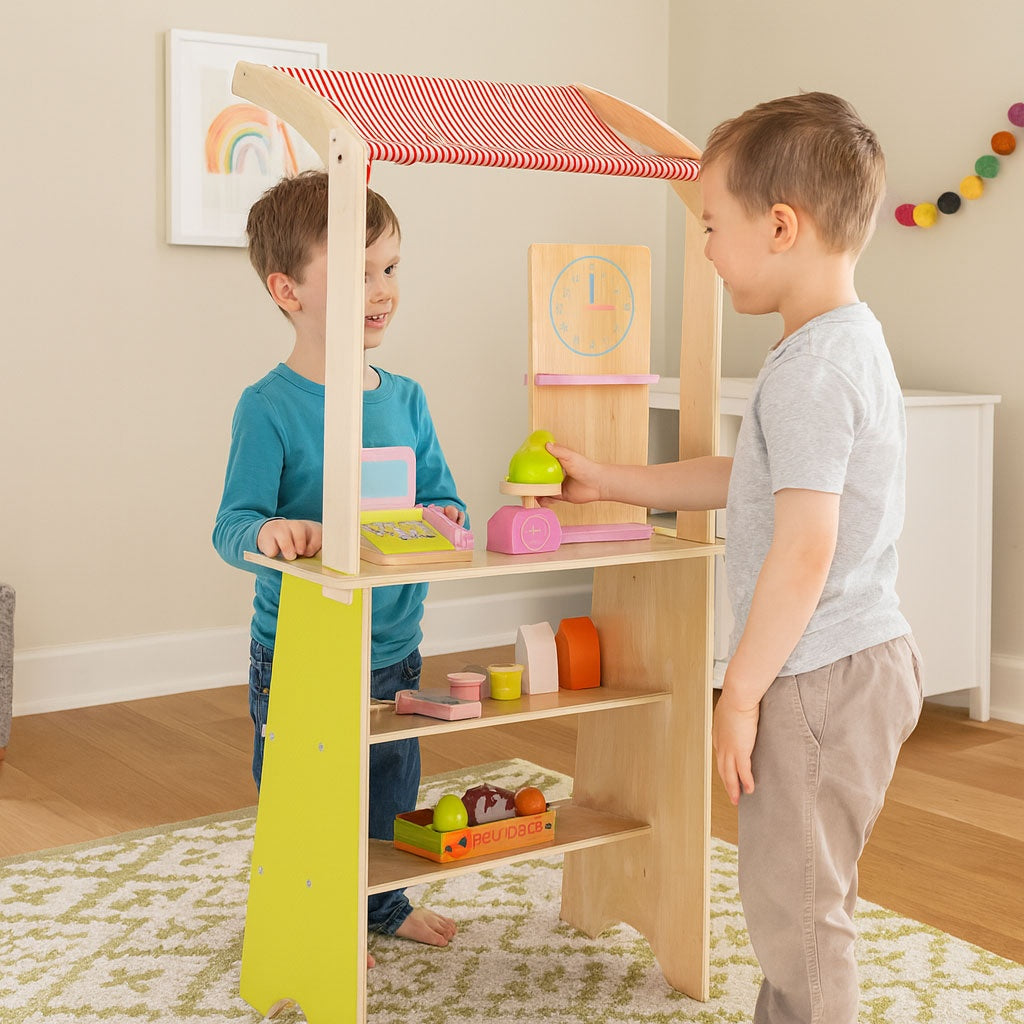 Children's Wooden Market Stall with Accessories – 20 Pieces