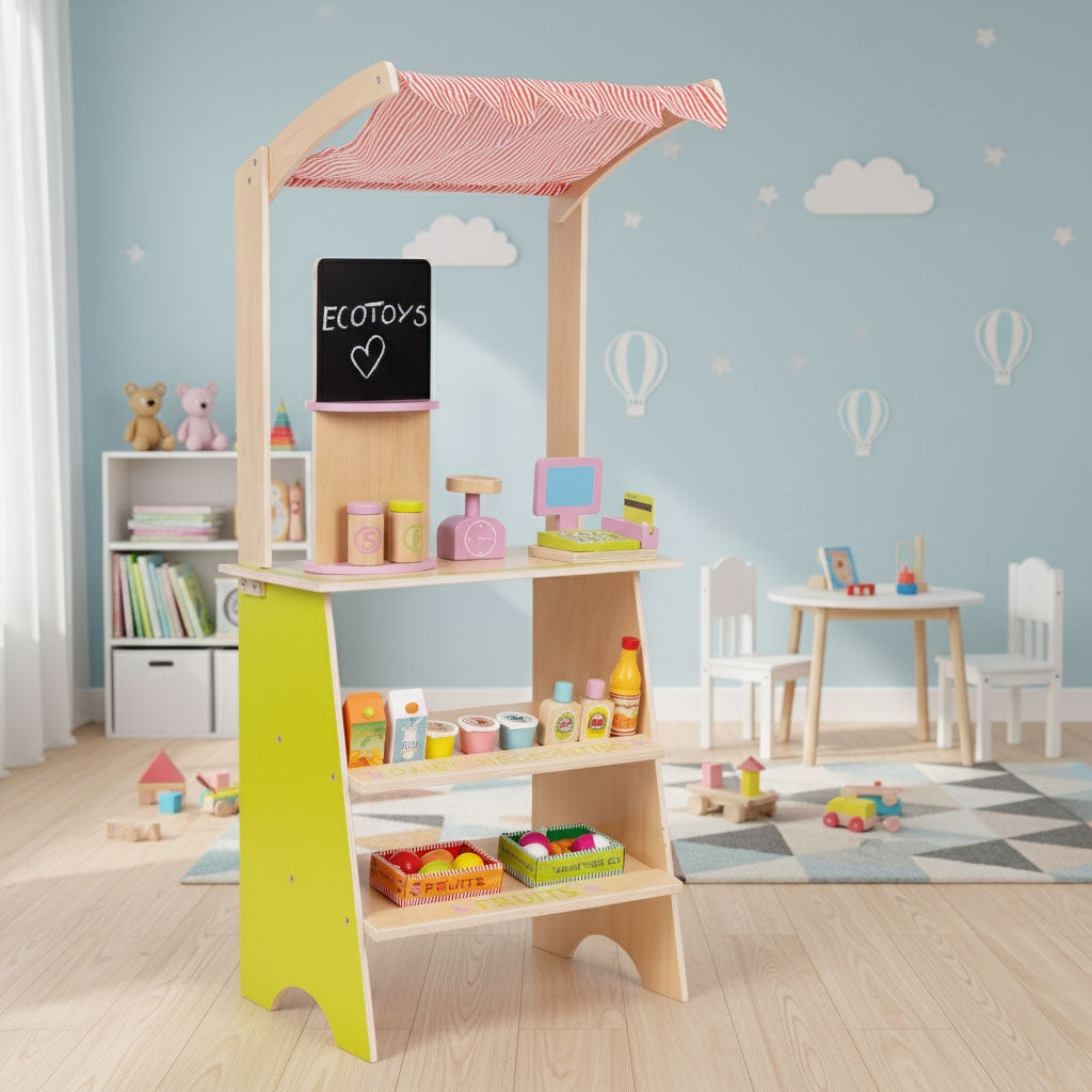 Children's Wooden Market Stall with Accessories – 20 Pieces