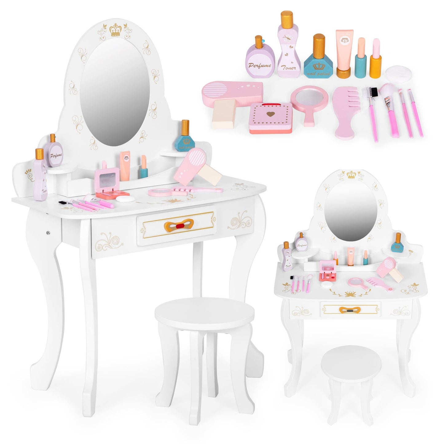 Children's Wooden Vanity Table with Mirror & Accessories