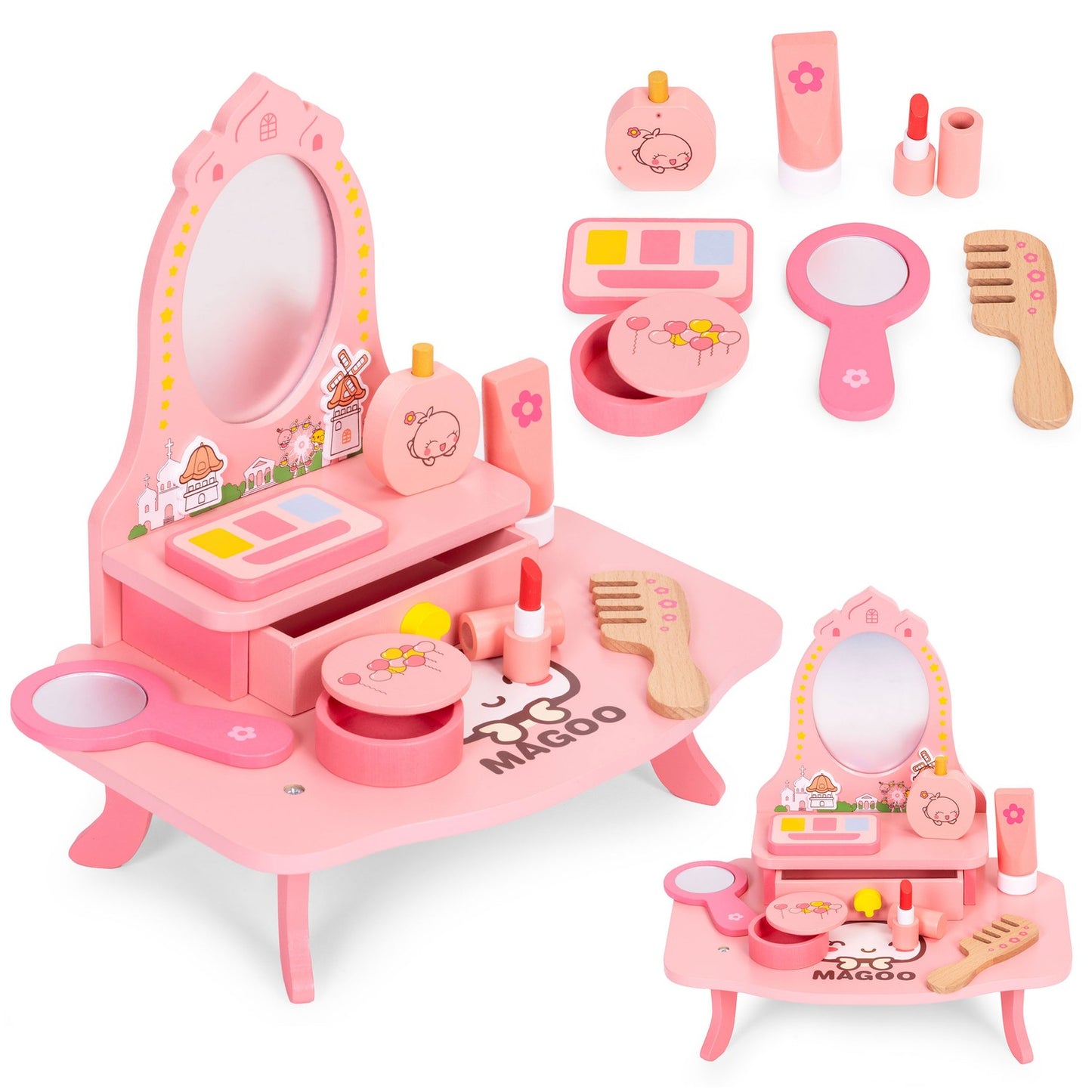 Children's Wooden Vanity Table with Mirror and Accessories