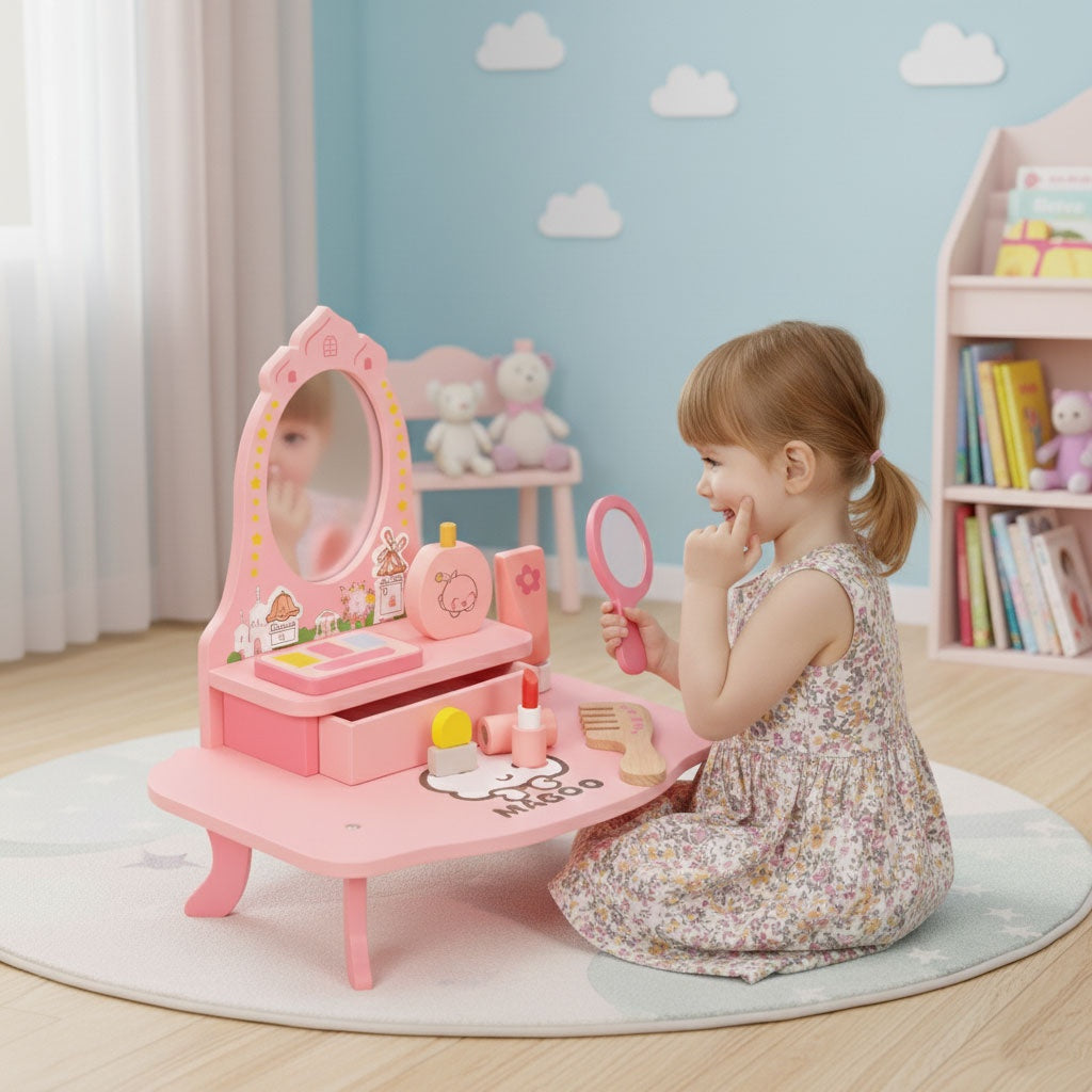 Children's Wooden Vanity Table with Mirror and Accessories