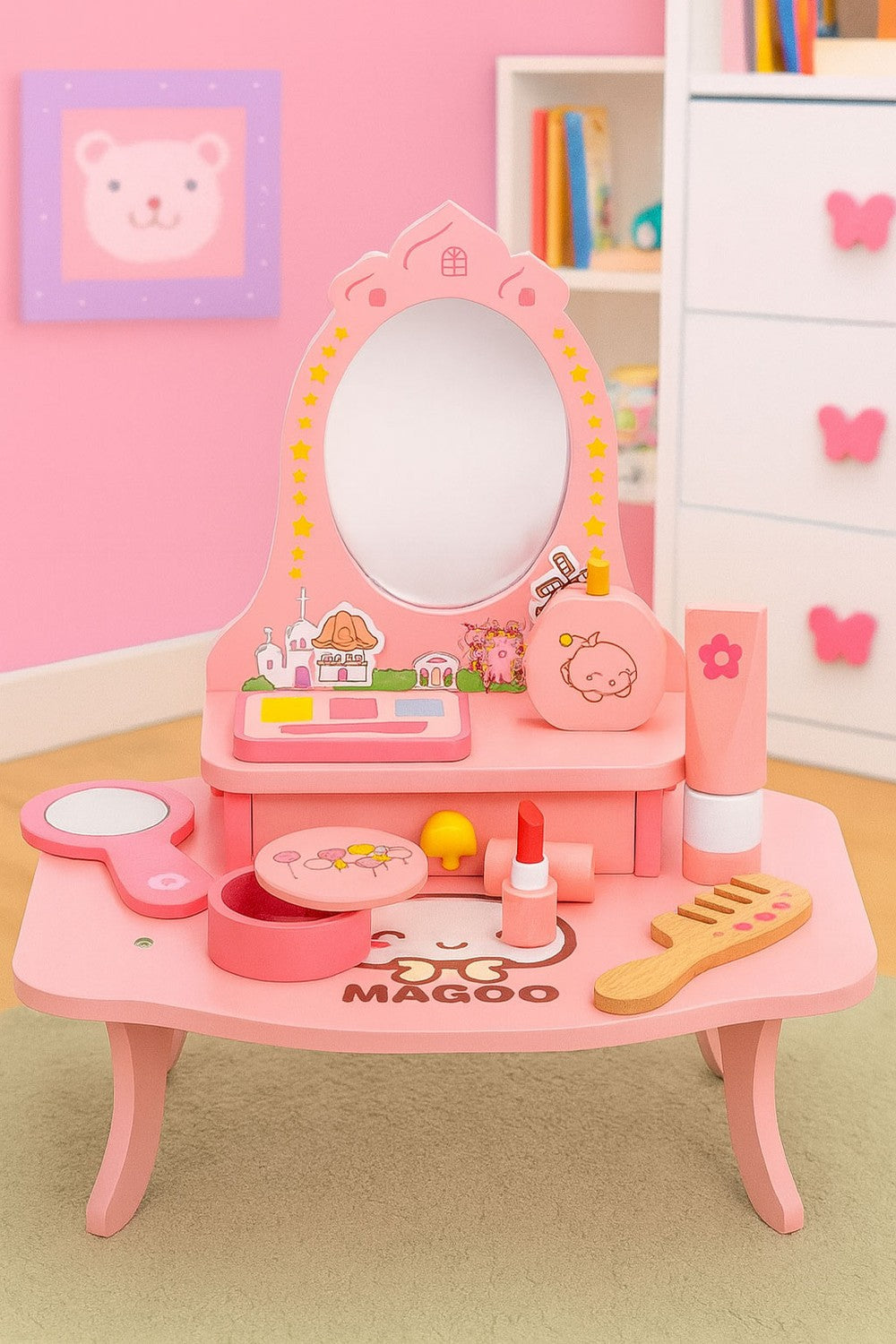 Children's Wooden Vanity Table with Mirror and Accessories