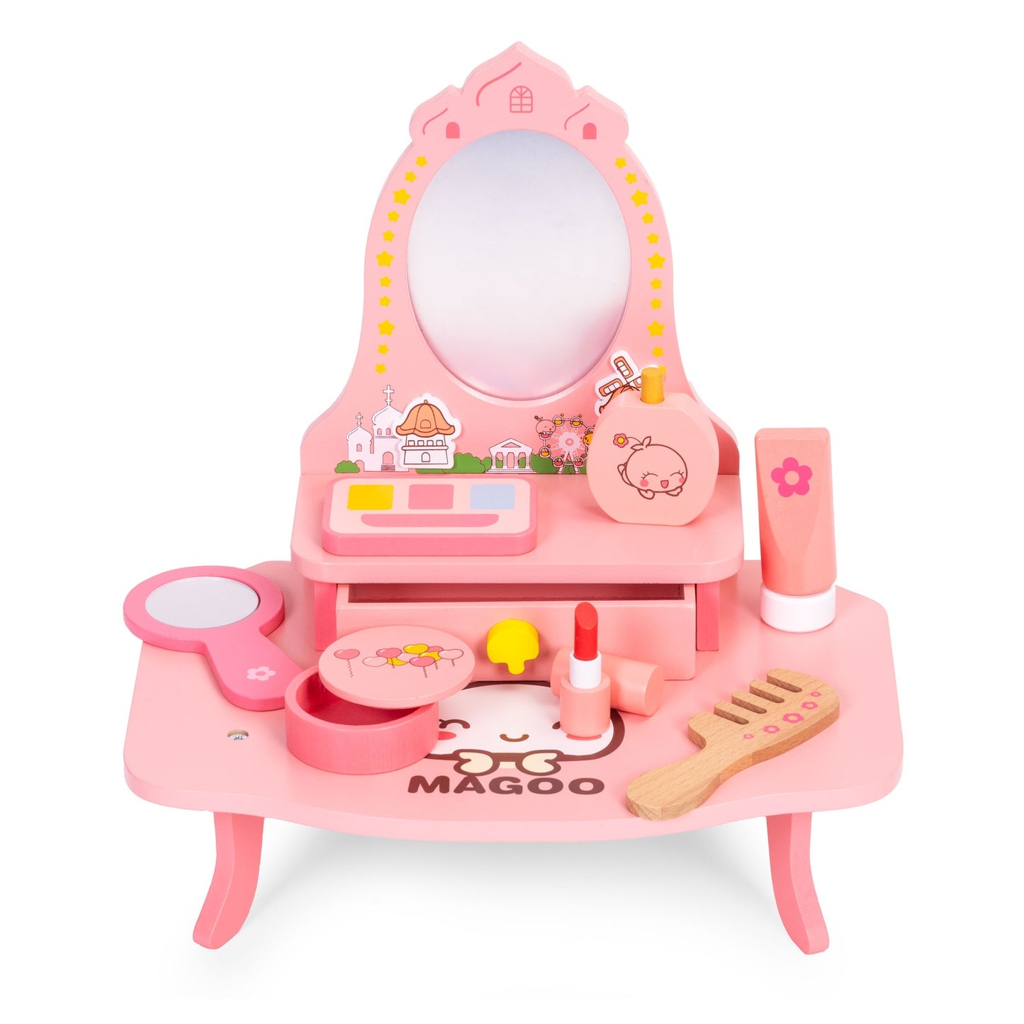 Children's Wooden Vanity Table with Mirror and Accessories