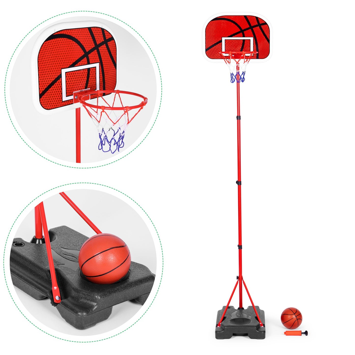 Children's basketball hoop, adjustable height, ball pump