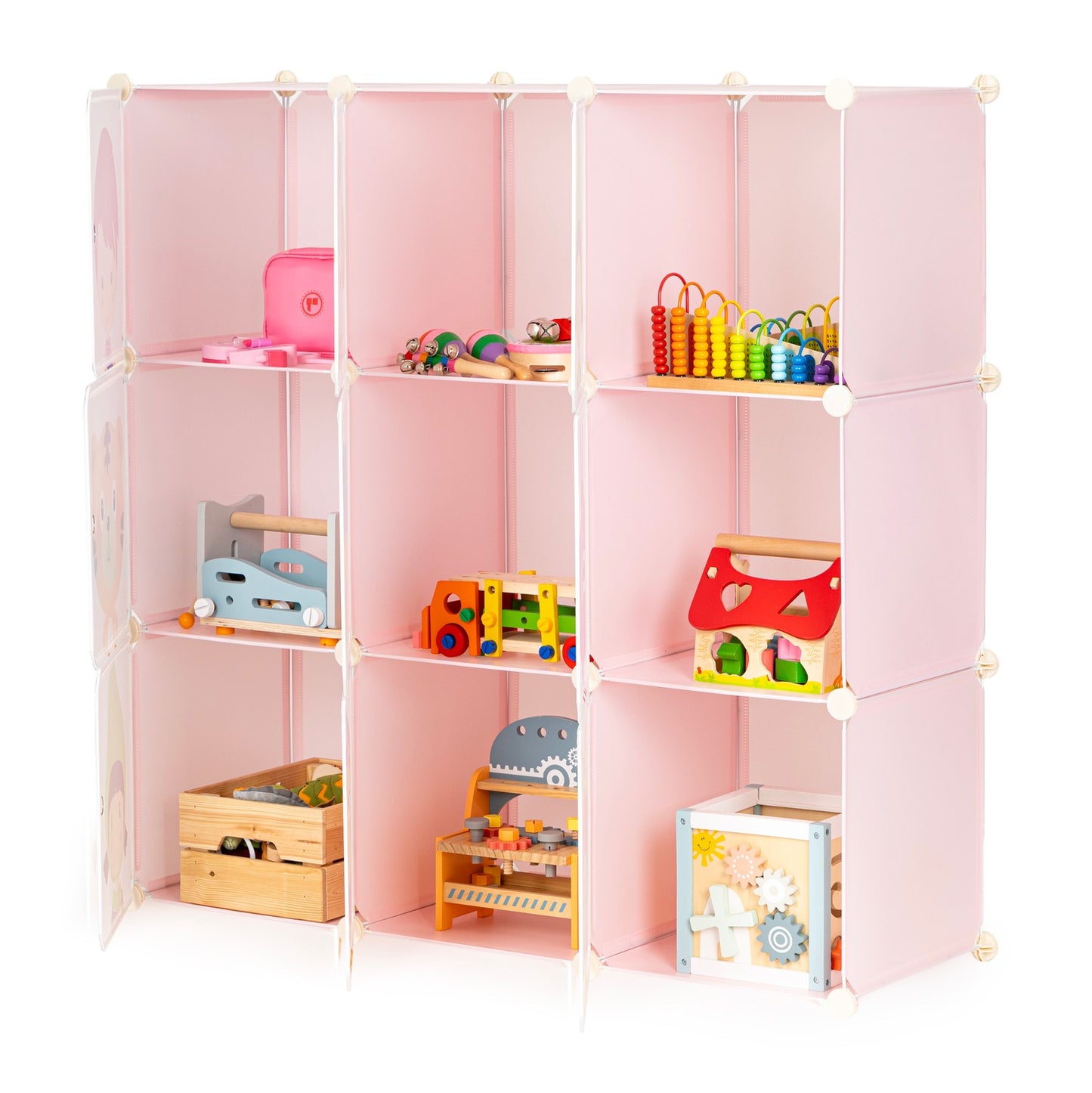 Children's modular storage cabinet with 9 shelves
