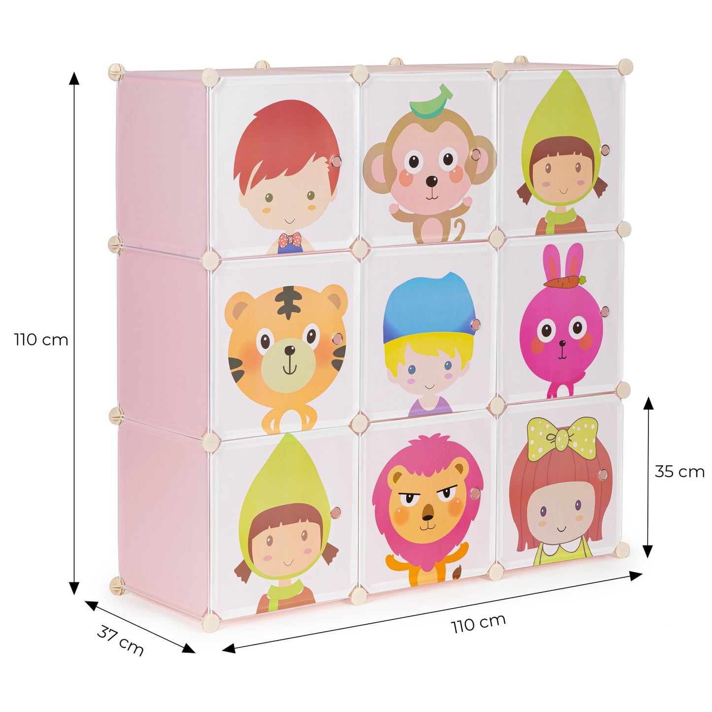 Children's modular storage cabinet with 9 shelves