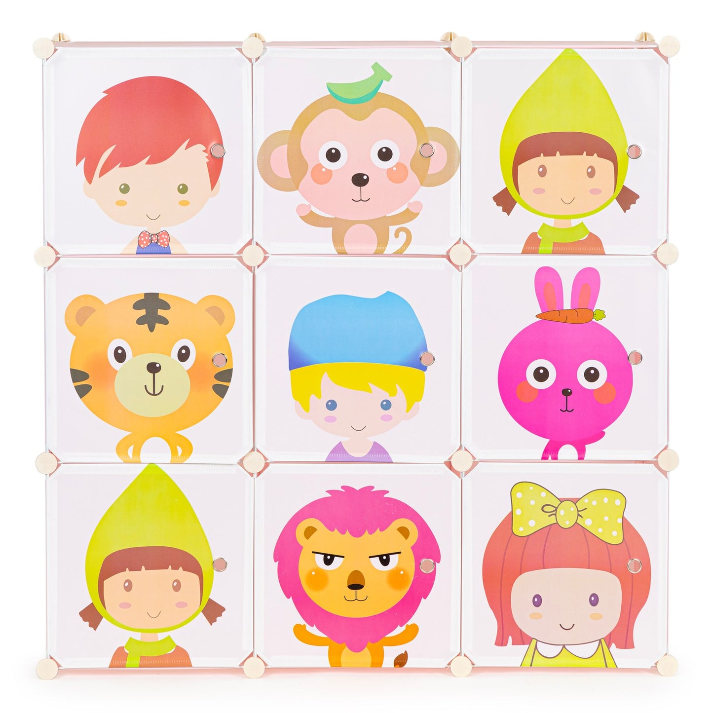 Children's modular storage cabinet with 9 shelves