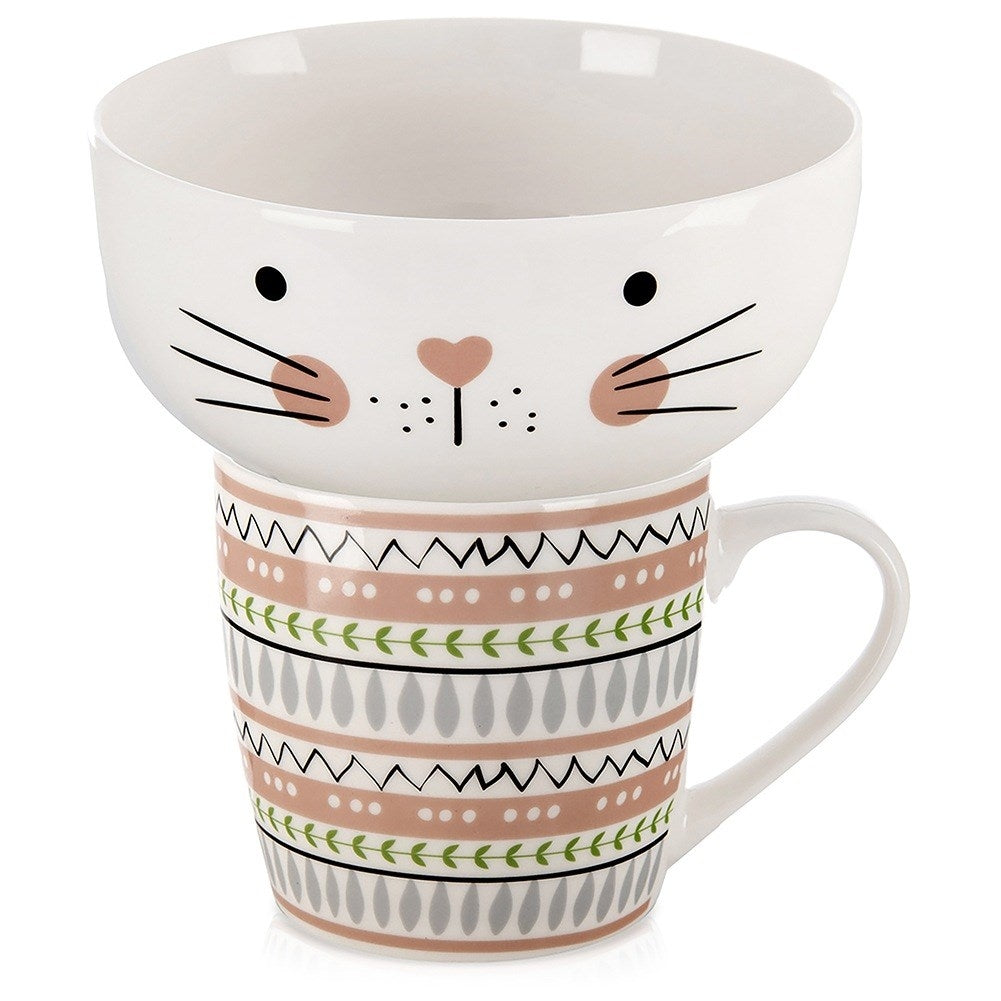Children's mug with bowl, porcelain cat, 2 pcs.