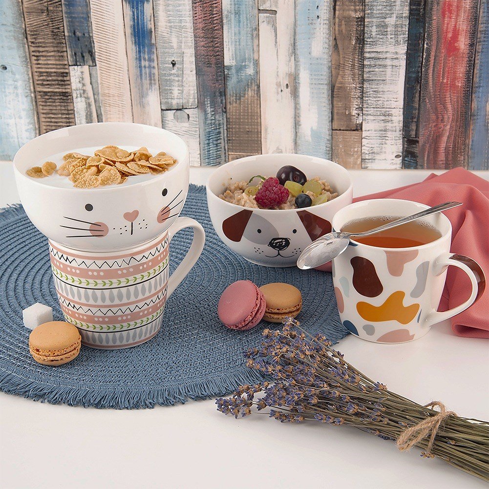 Children's mug with bowl, porcelain cat, 2 pcs.