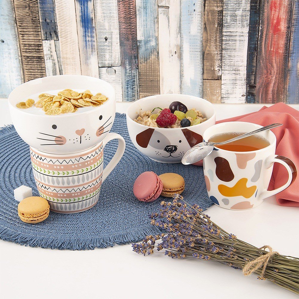 Children's mug with bowl, porcelain dog, 2 pcs.