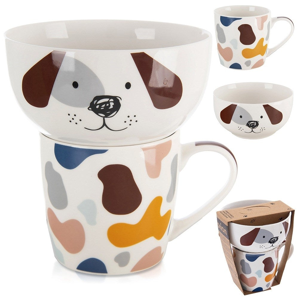 Children's mug with bowl, porcelain dog, 2 pcs.