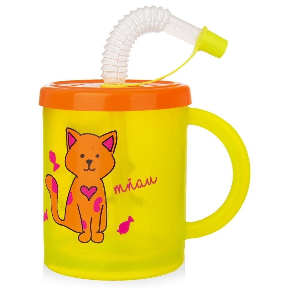 Children's mug with straw and colorful cat motif