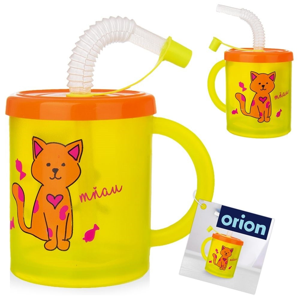 Children's mug with straw and colorful cat motif