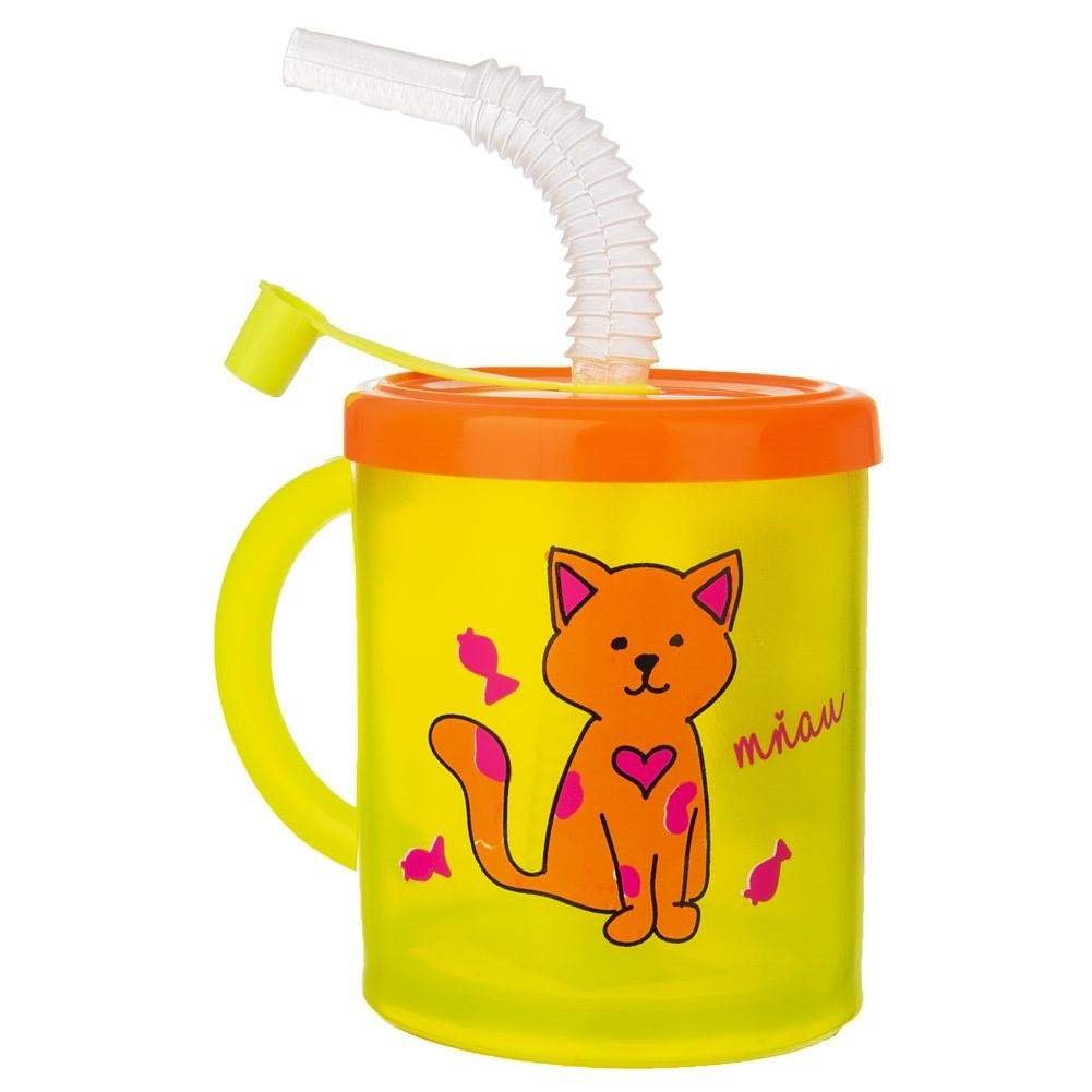 Children's mug with straw and colorful cat motif