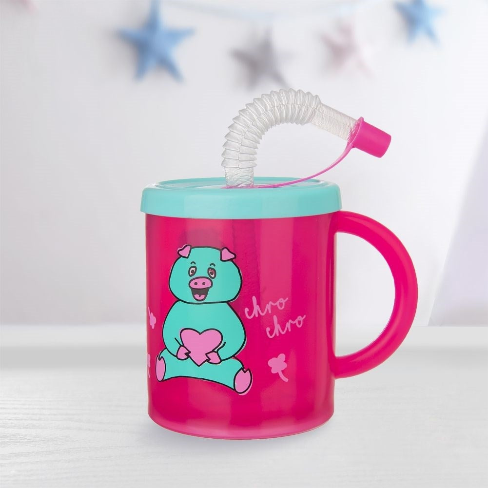 Children's mug with straw and colorful pig decoration