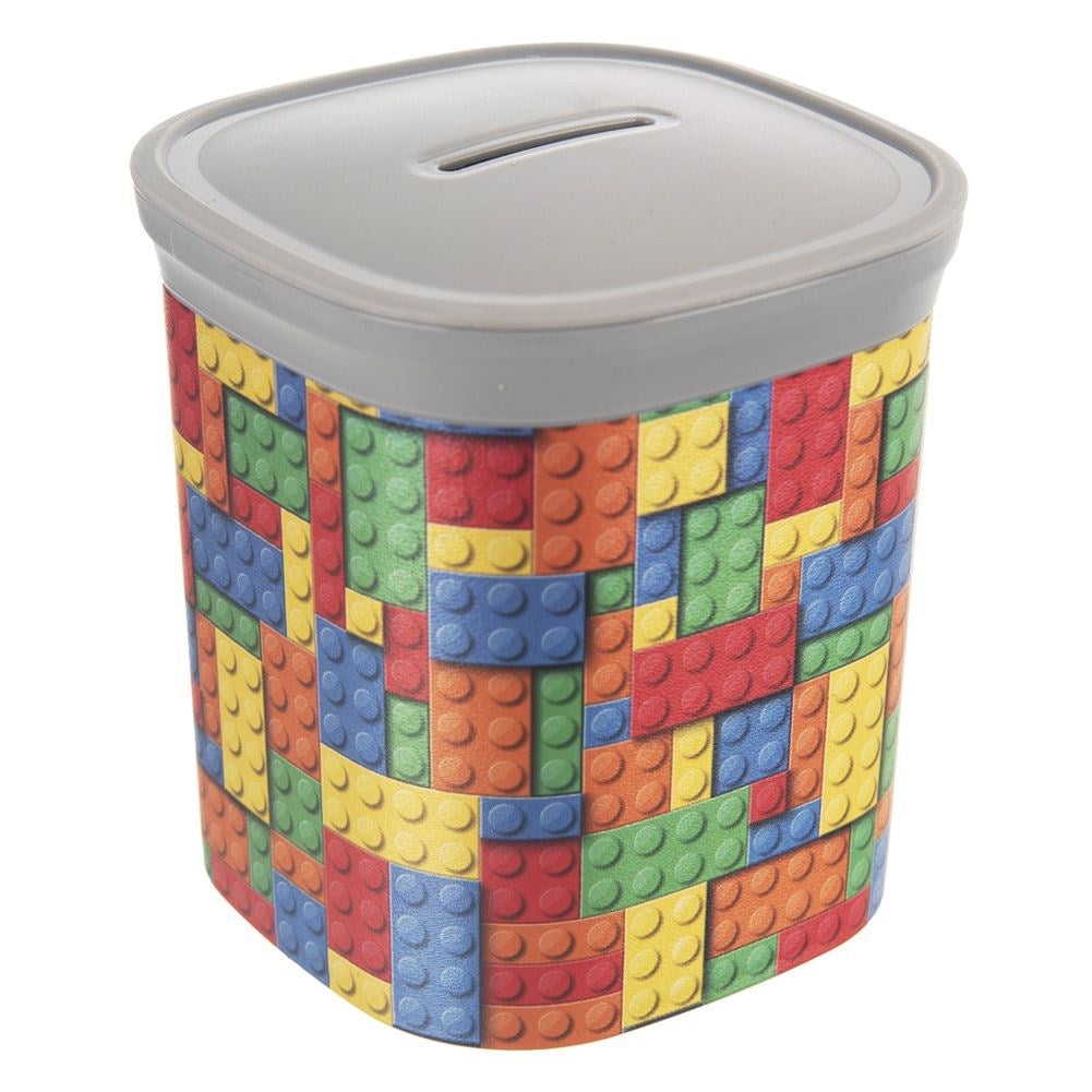 Children's piggy bank with clock motif and removable lid