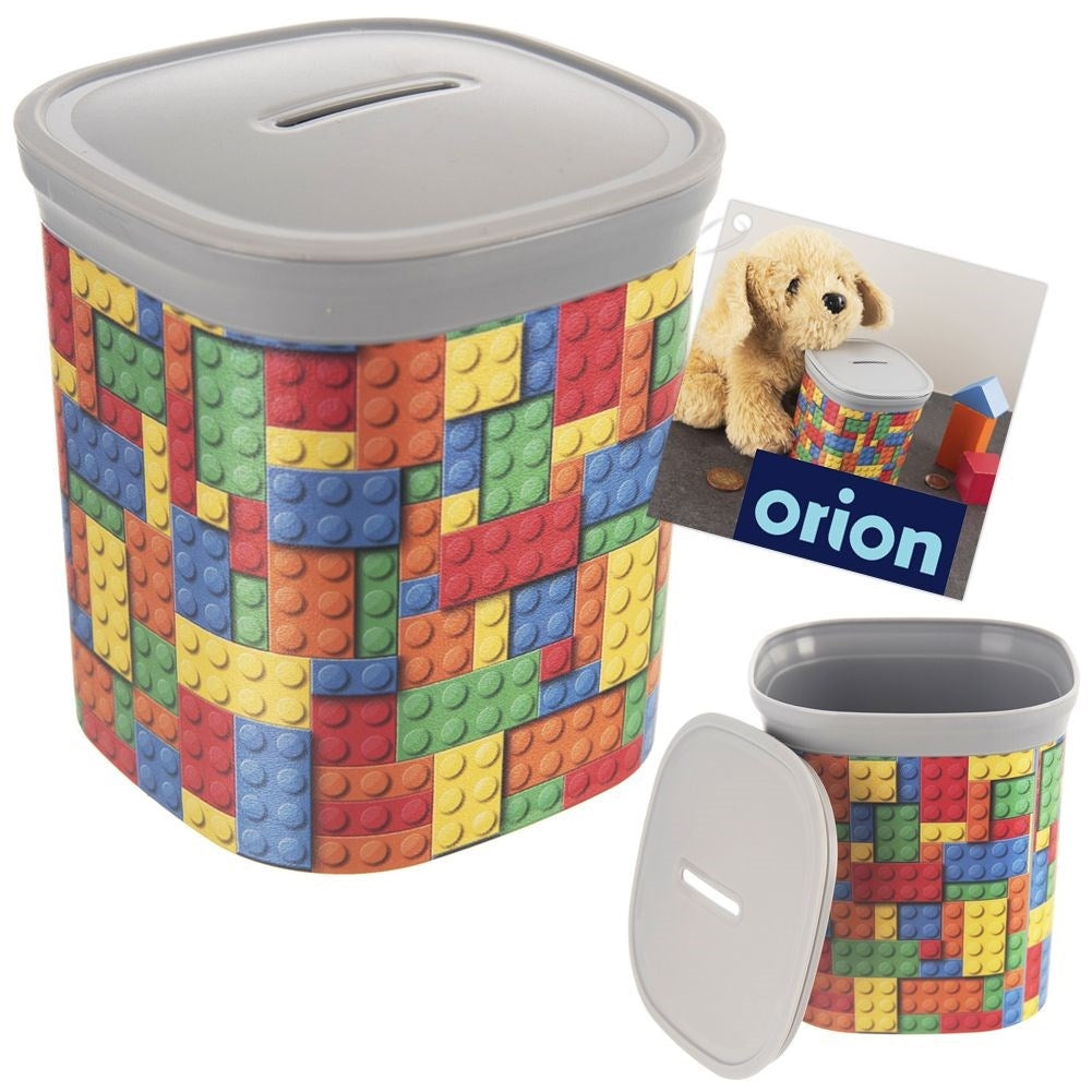Children's piggy bank with clock motif and removable lid