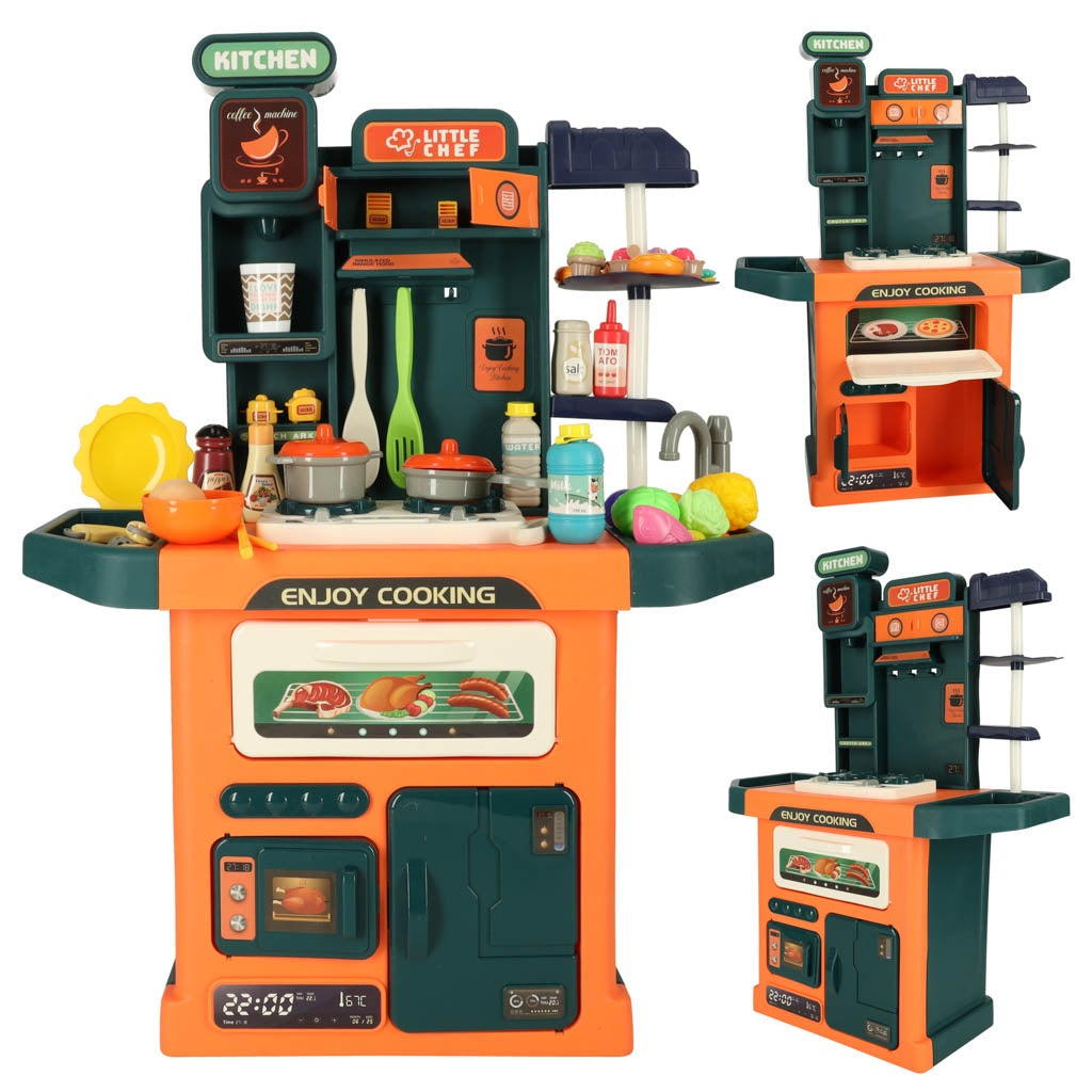Children's plastic kitchen with tap lights set of 77 pieces