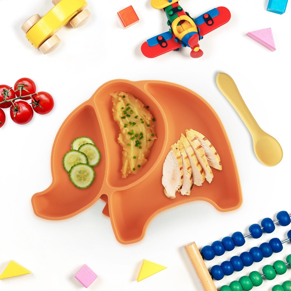Children's plate silicone divided orange elephant 23.5x19x3.5 cm