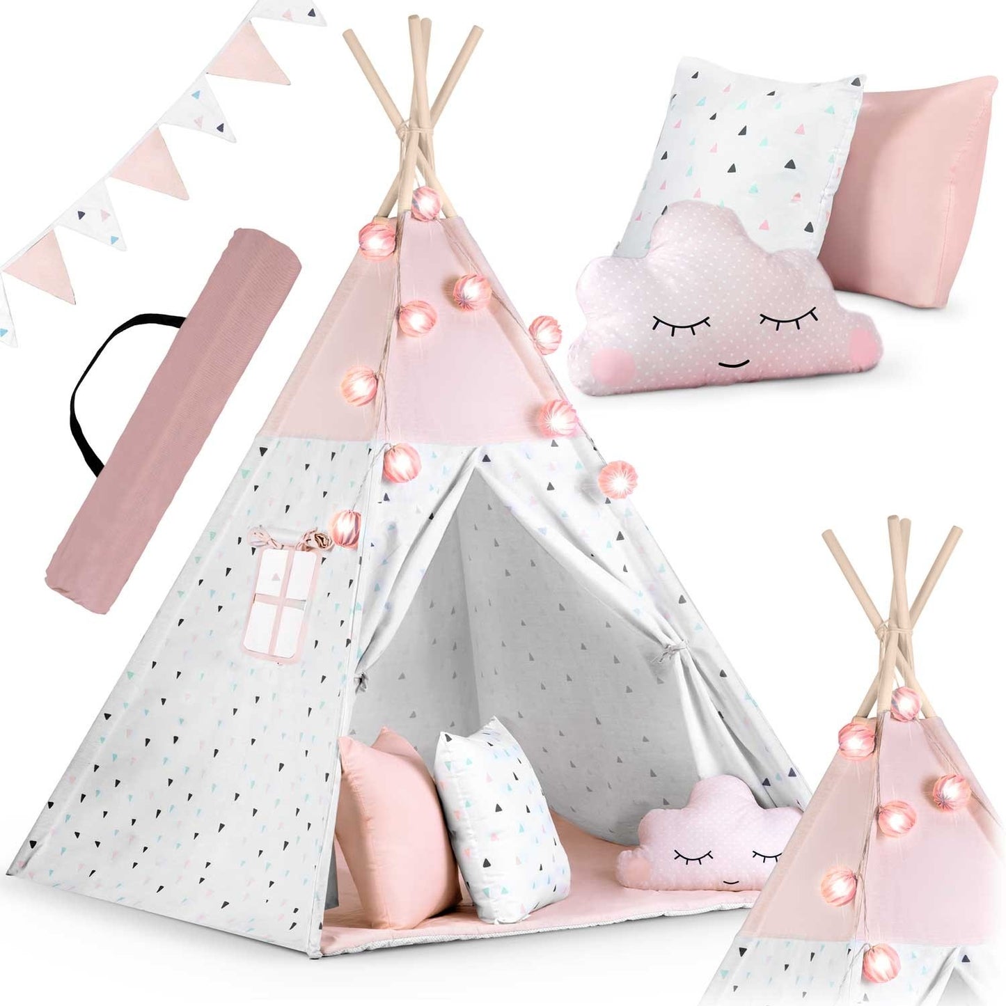 Children's teepee tent with garland and light string Nukido - pink